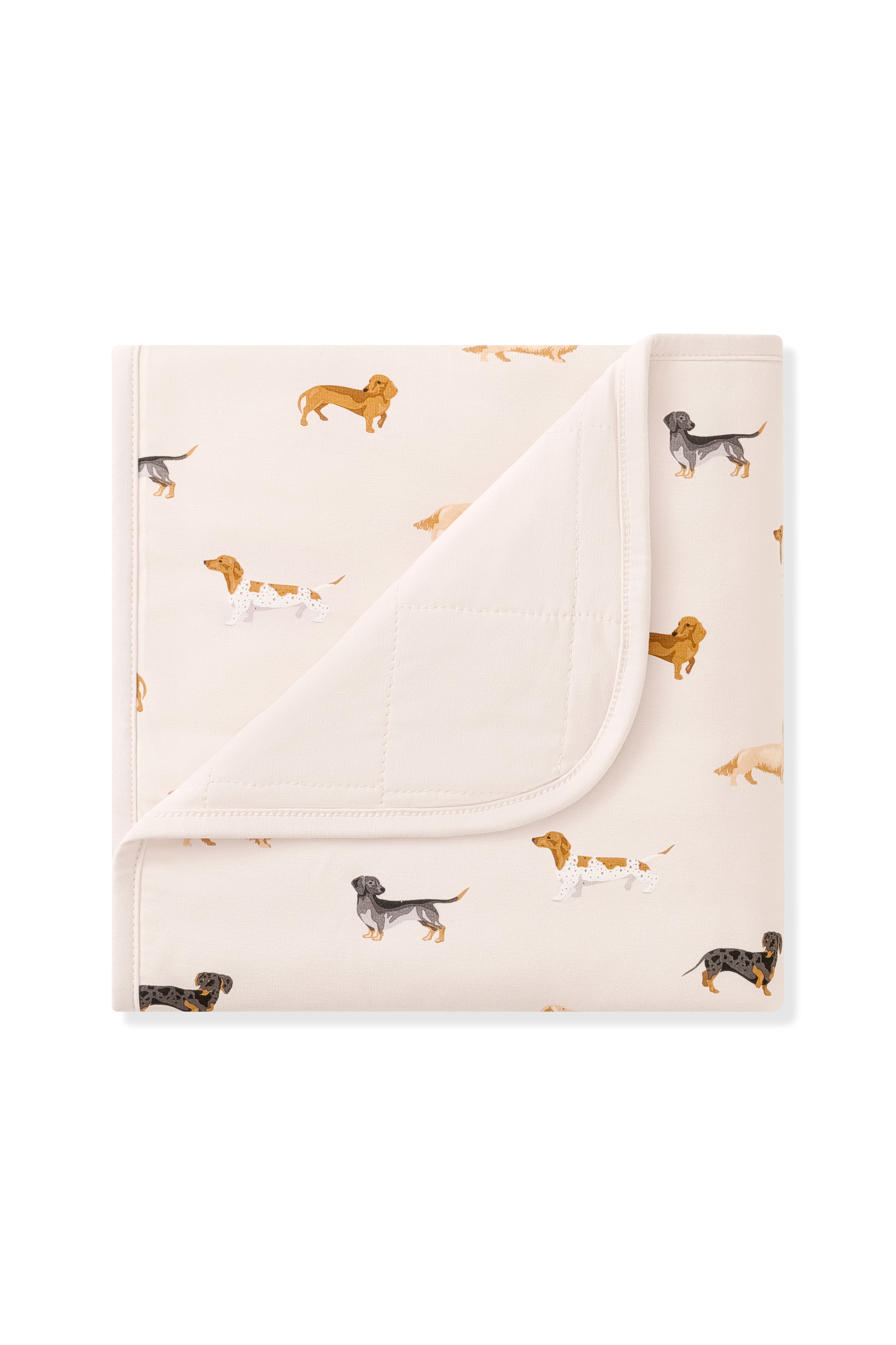 Beige Baby Blanket with Dachshund print on a white background