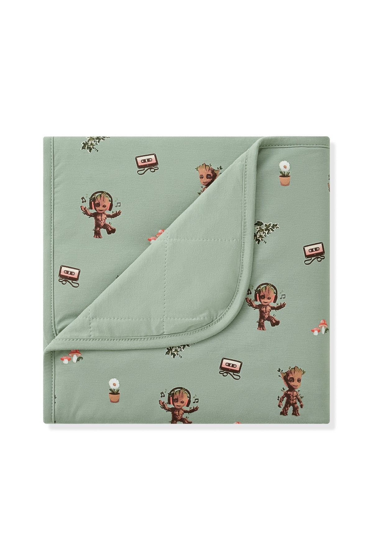 Green Baby Blanket with Groot print on white background