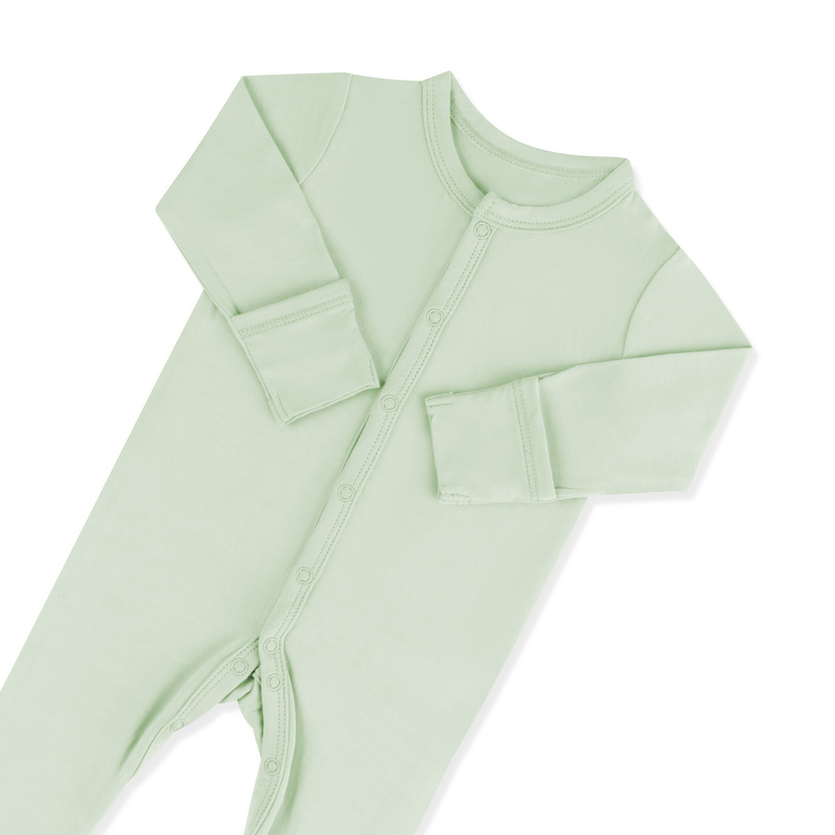 Zipper garage and fold over hand cuffs shown on the Footie in Basil