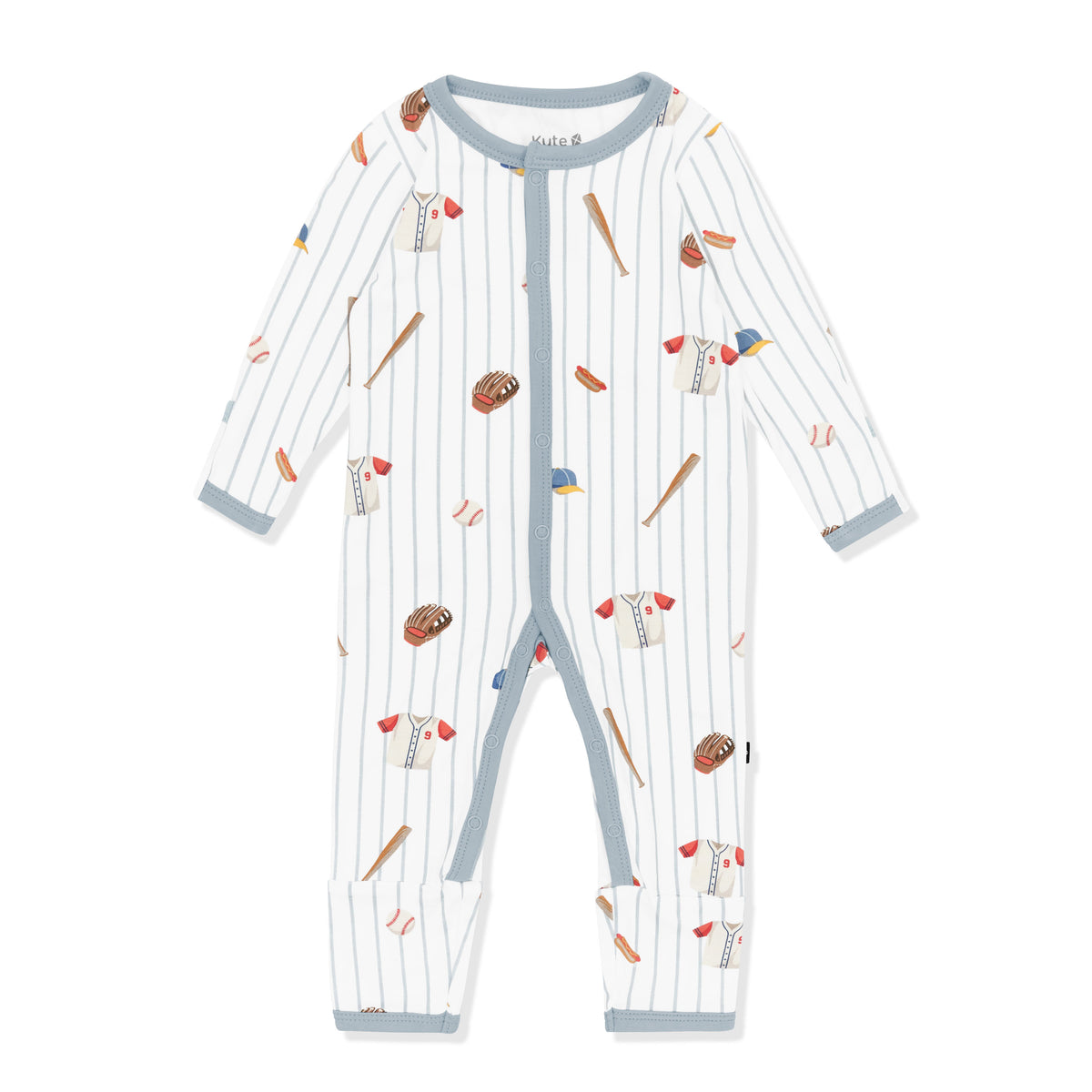 Romper in Home Run with the muted blue trim laying on a white surface