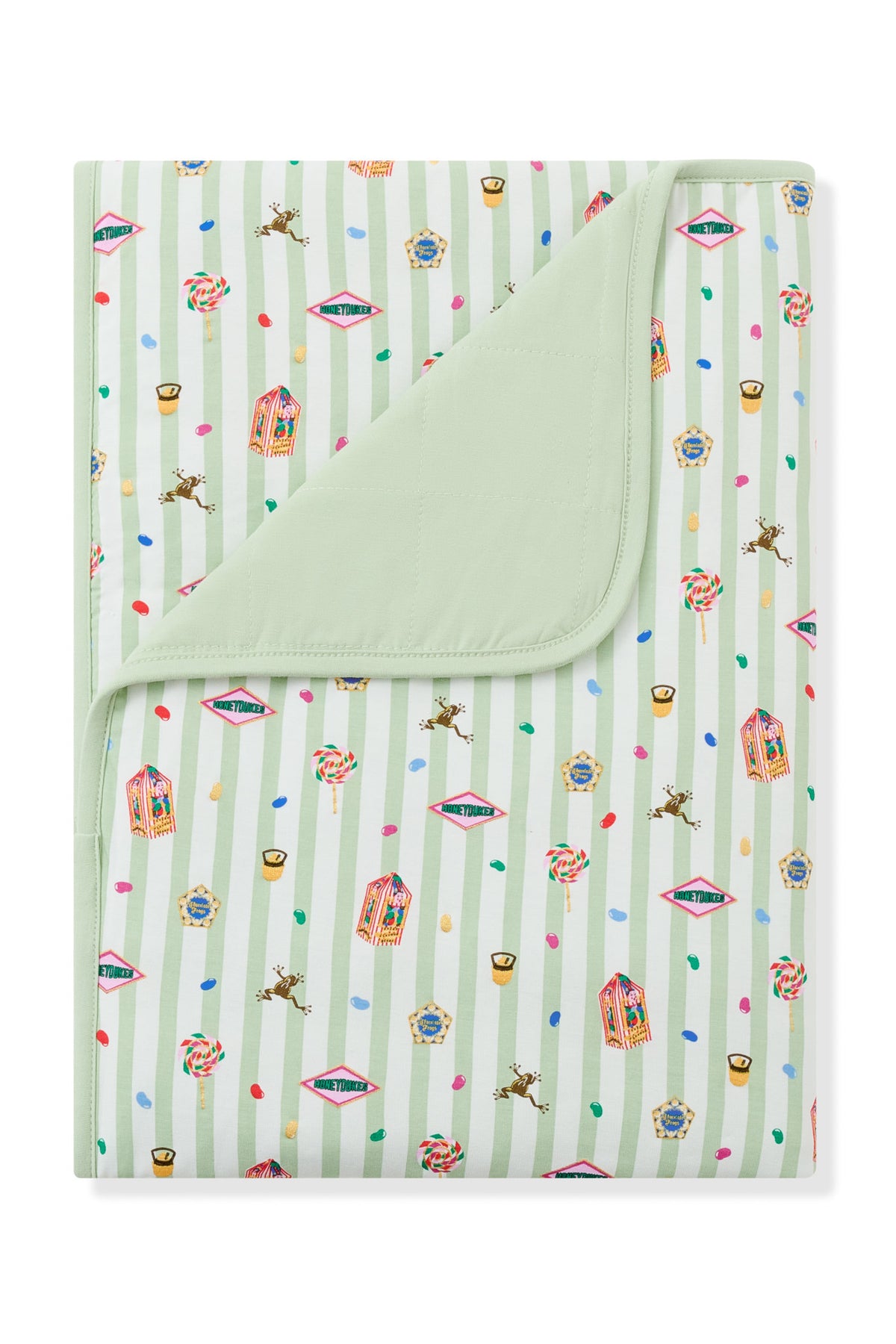 Green and white striped toddler blanket with colorful Harry Potter patterns on a white background