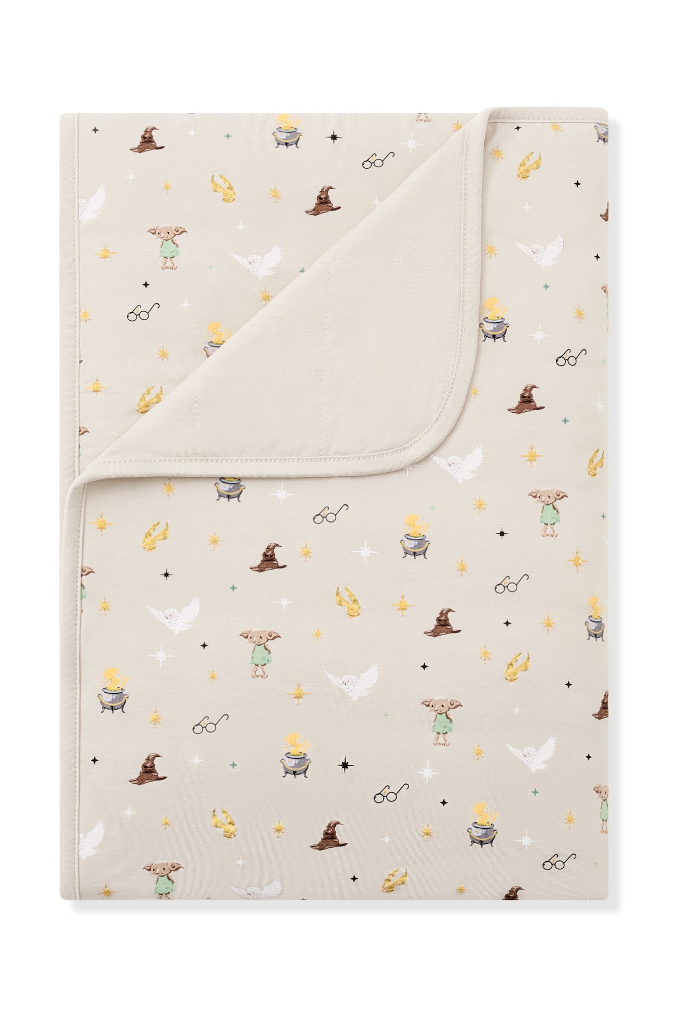 Beige Toddler blanket with Harry Potter print on a white background