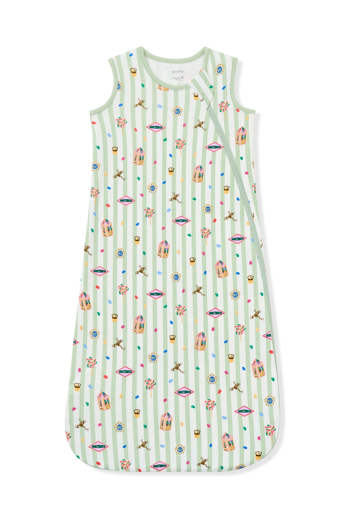 Sleep bag with green and white striped fabric with colorful Harry Potter patterns on a white background