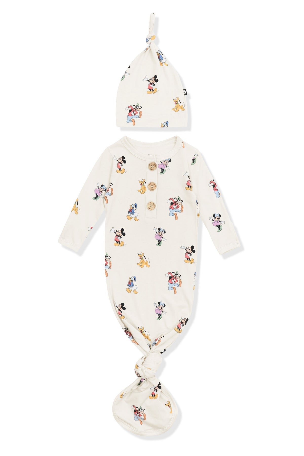 Knotted Gown with Hat Set in Mickey Mouse and Friends print on an oat background