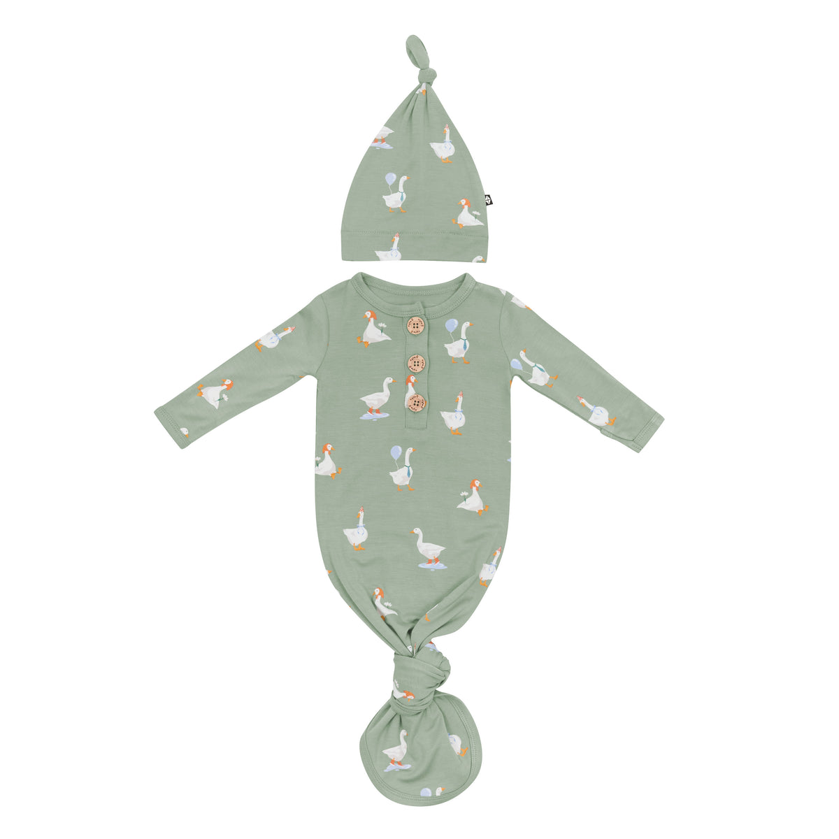 Product photo of the Knotted Gown with Hat Set in Silly Goose showing the knotted gown tied at the bottom and arms out