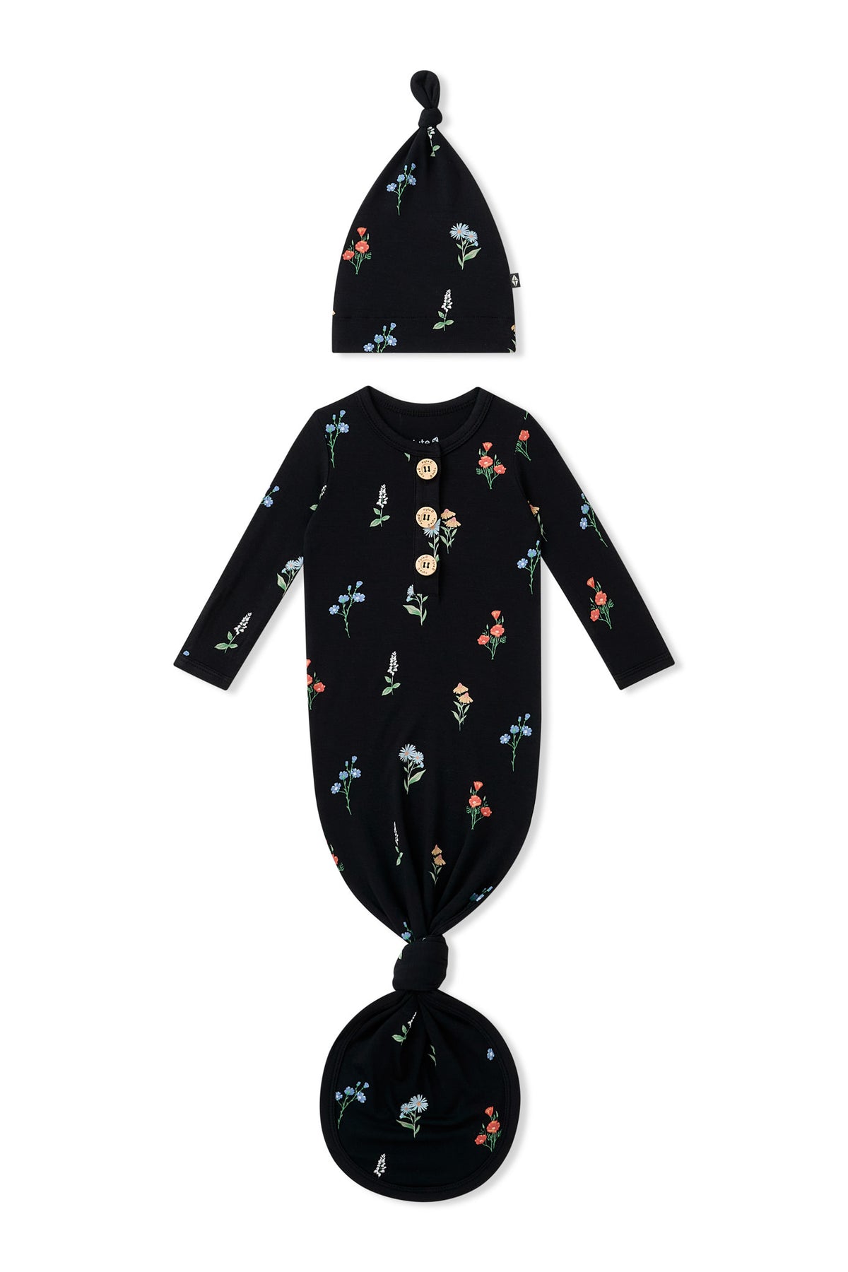 Black Knotted Gown with Hat Set with Wildflower print on a white background