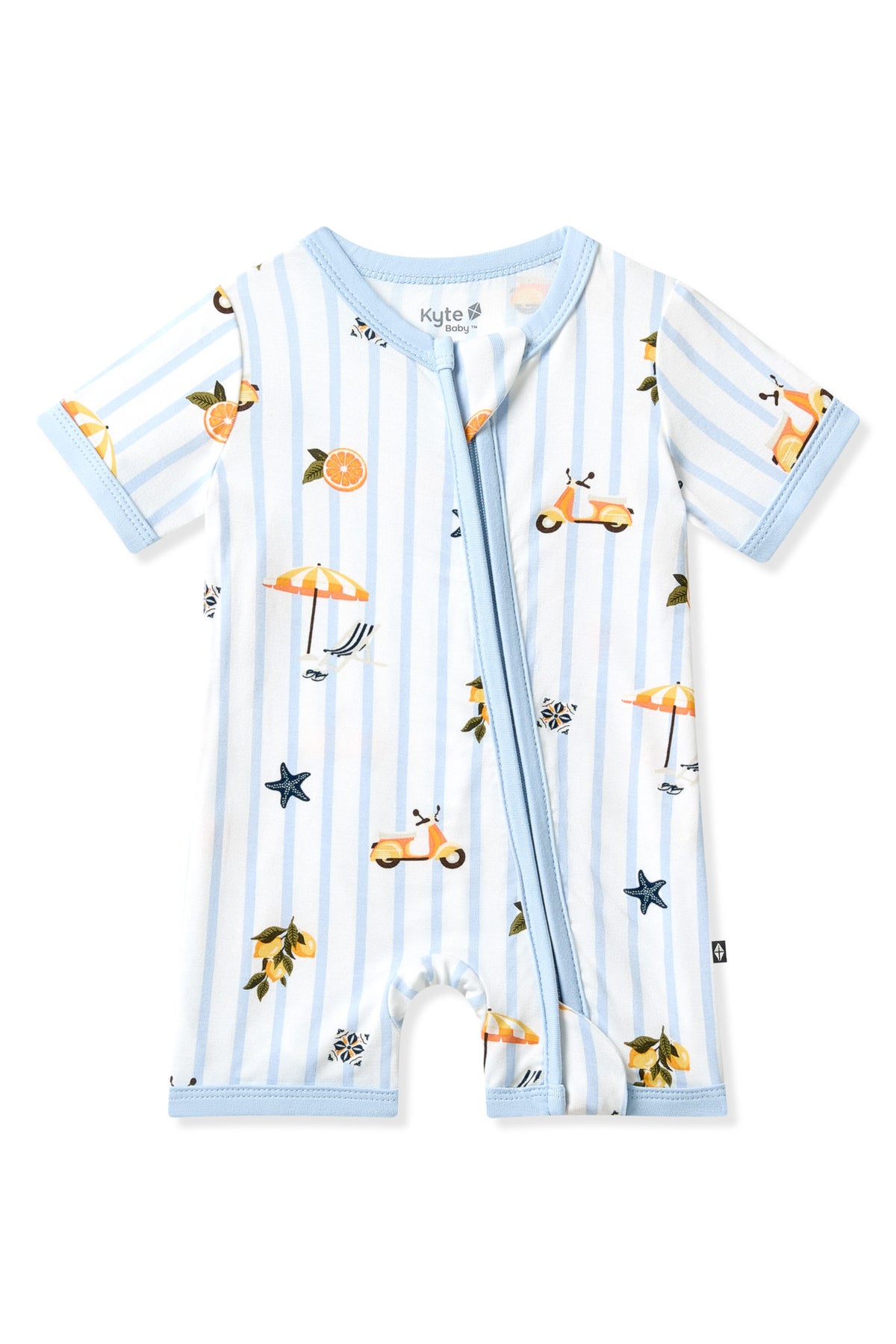 Product photo of the Zipper Shortall Romper in Amalfi Coast shown on a white surface