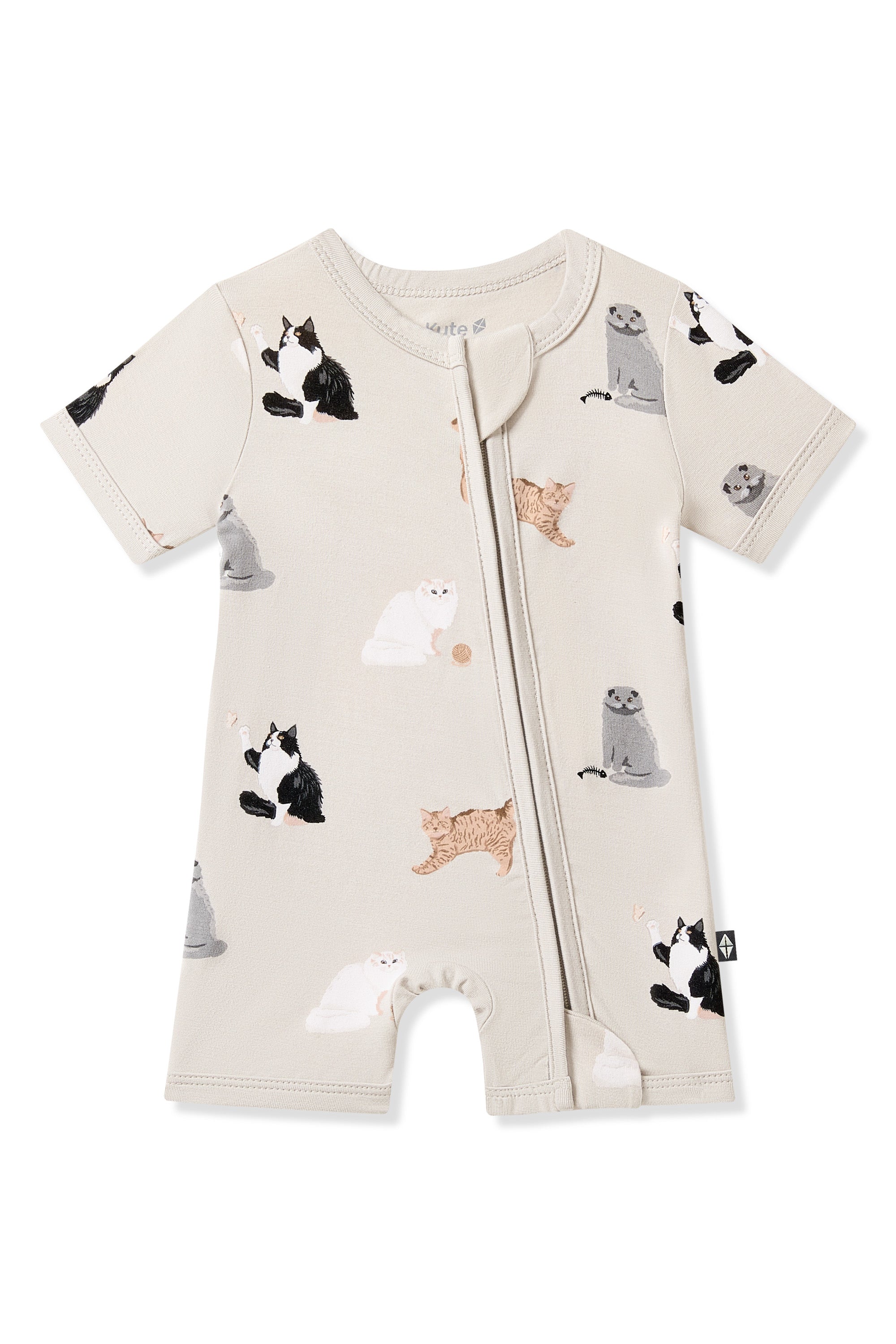 Product photo of the Zipper Shortall Romper in Fluffy Cat on a white surface
