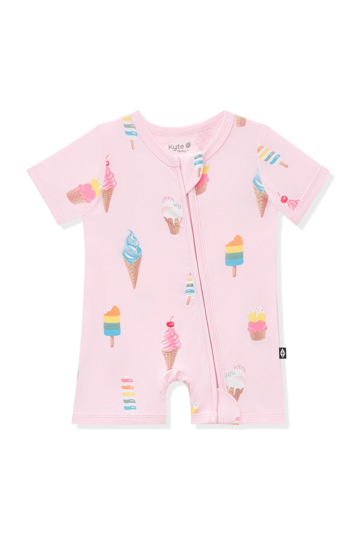 Pink Zipper Shortall Romper in Ice Cream print on white background