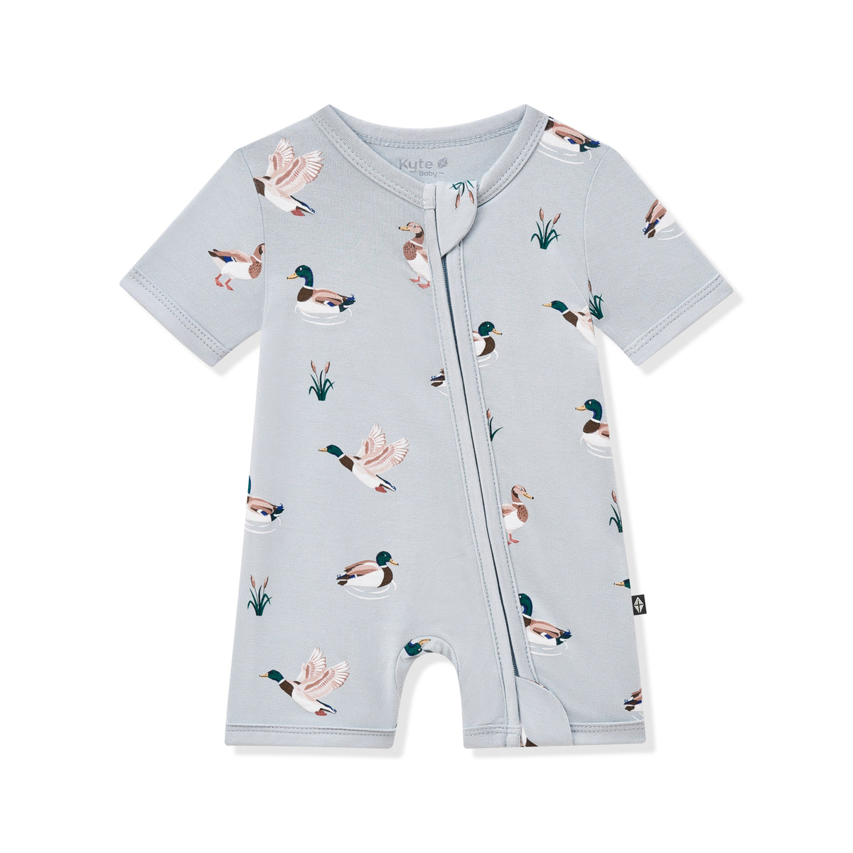 Product photo of the Zipper Shortall Romper in Mallard Duck on a white background