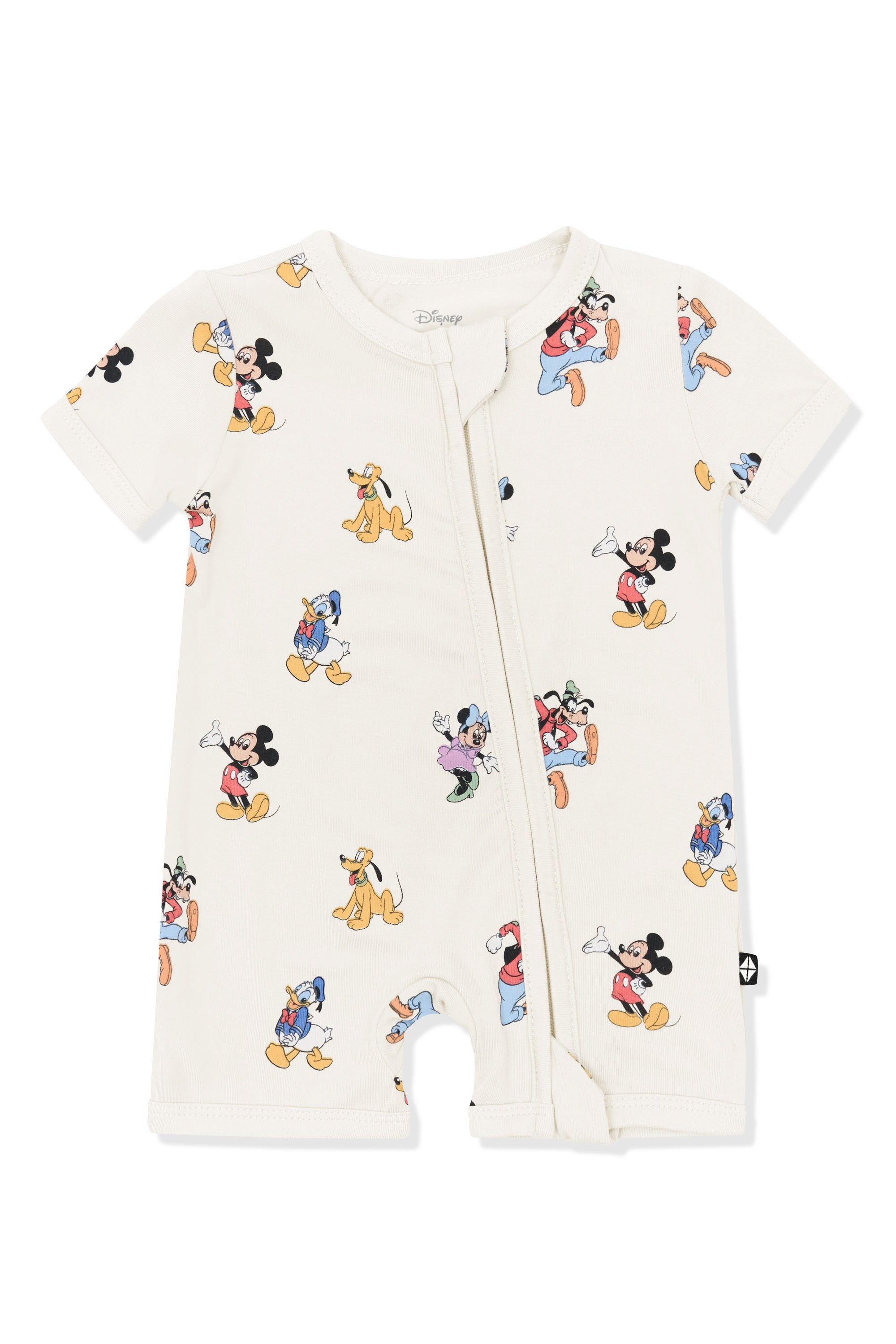 Zipper Shortall Romper with Mickey Mouse and Friends print on an oat background