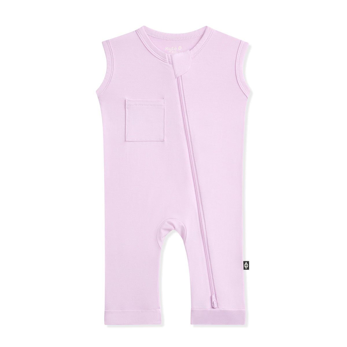 Purple sleeveless baby romper with a zipper on a white background