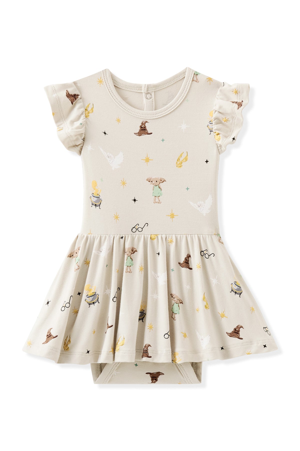 Beige Harry Potter patterned print twirl bodysuit dress on a white background