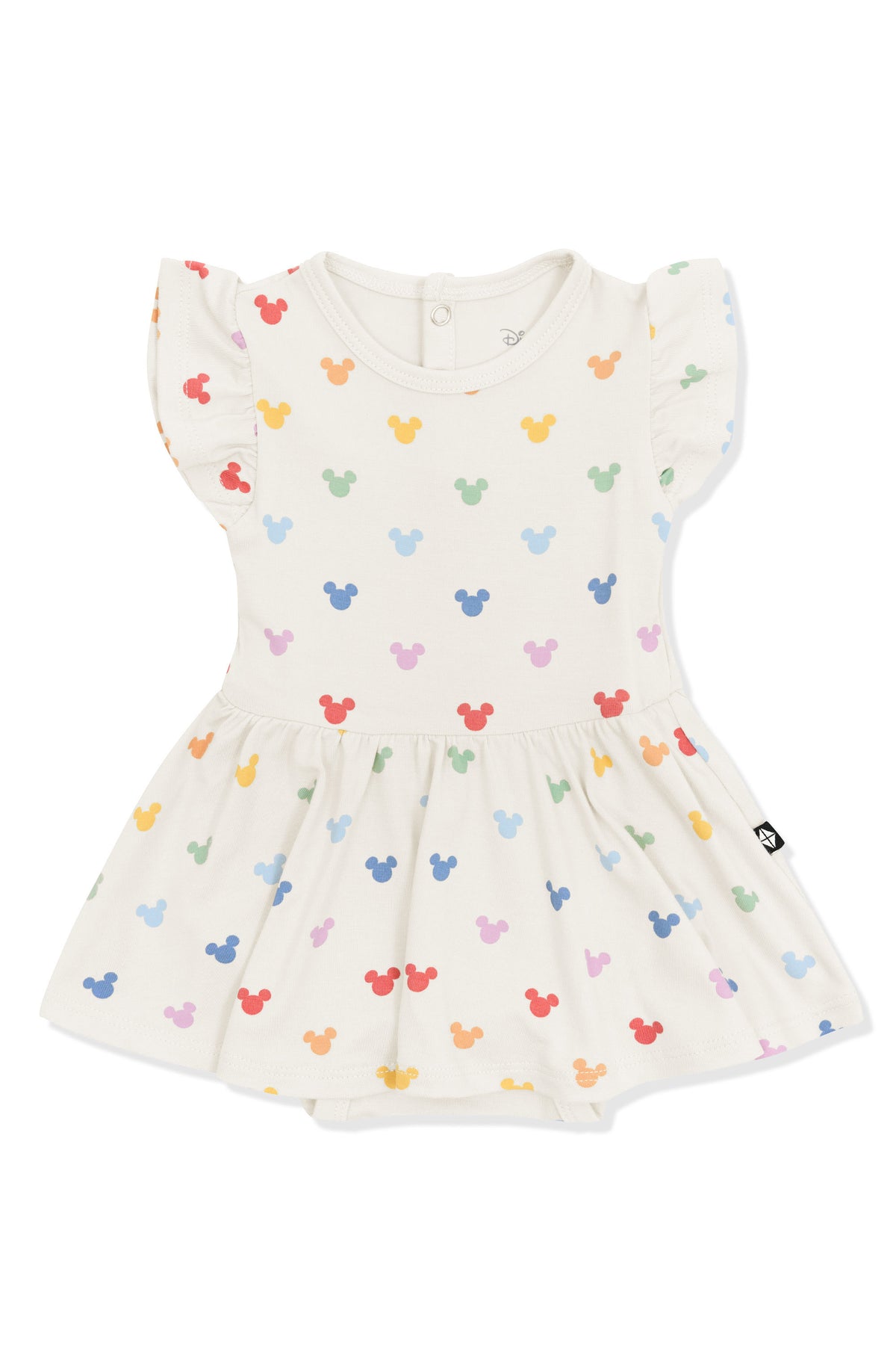 Twirl Bodysuit Dress with Pastel Mickey Mouse pattern on an oat background