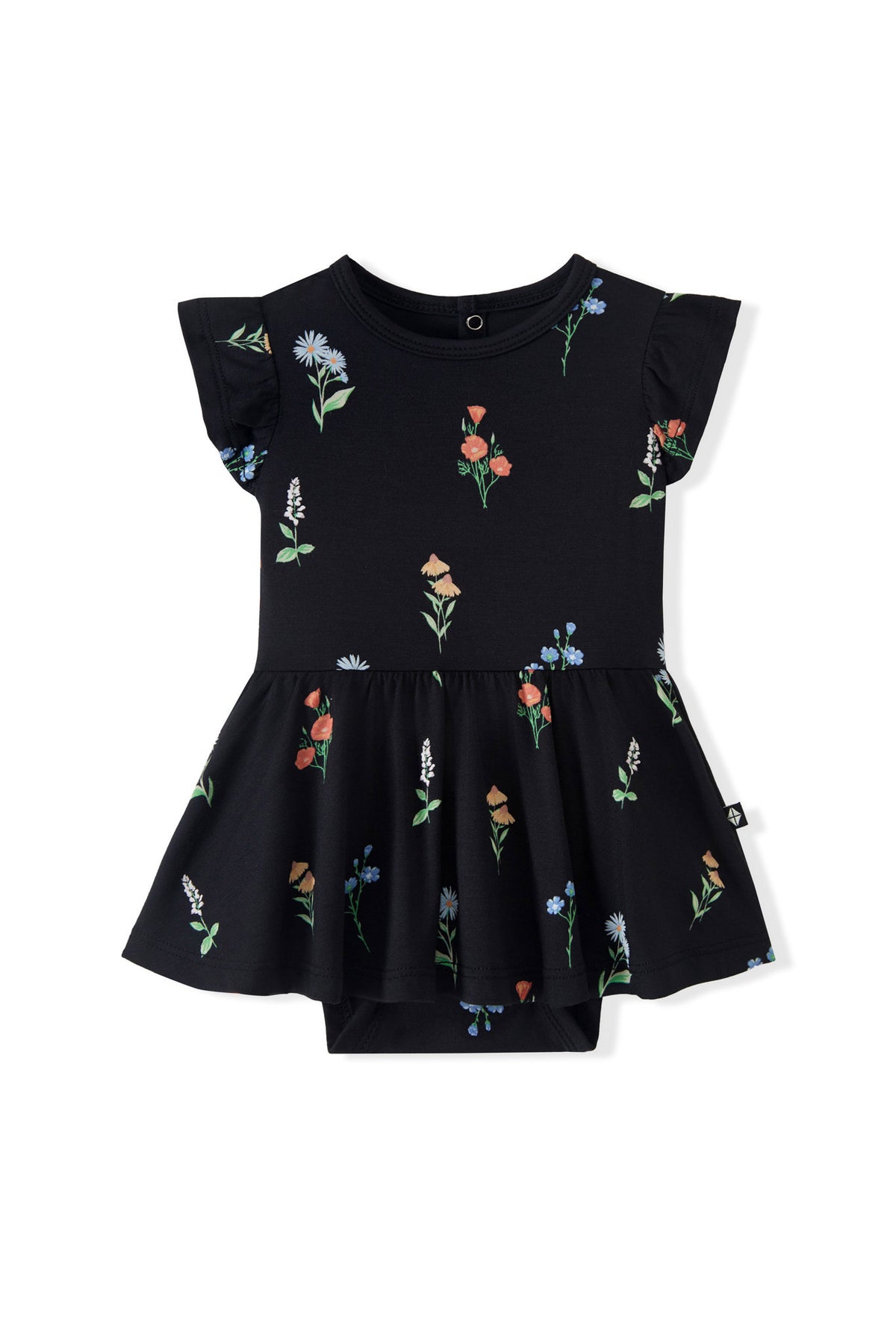 Black Twirl Bodysuit Dress with Wildflower print on a white background