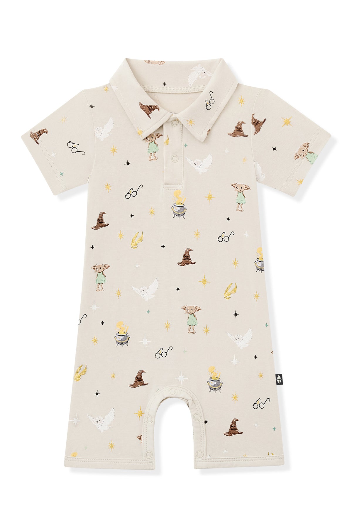 Beige Polo shortall with Harry Potter pattern print on a white background