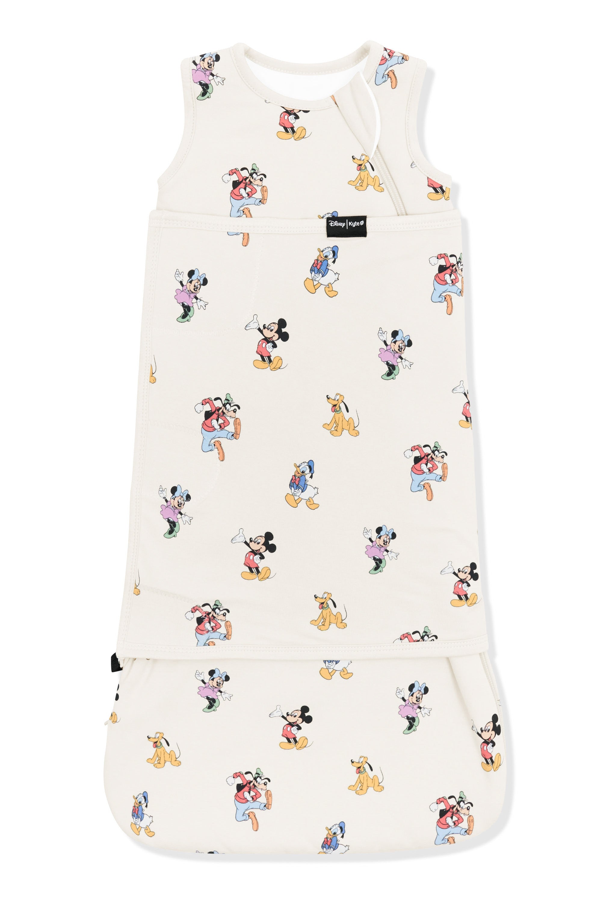 Sleep Bag Swaddler with Mickey Mouse and Friends print on an oat background