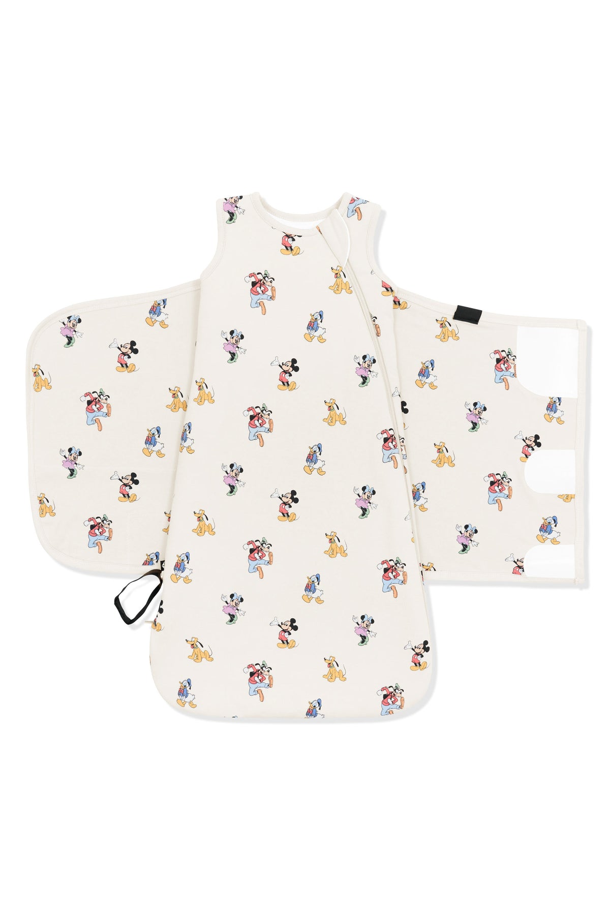 Front of Sleep Bag Swaddler in Mickey Mouse and Friends print on an oat background