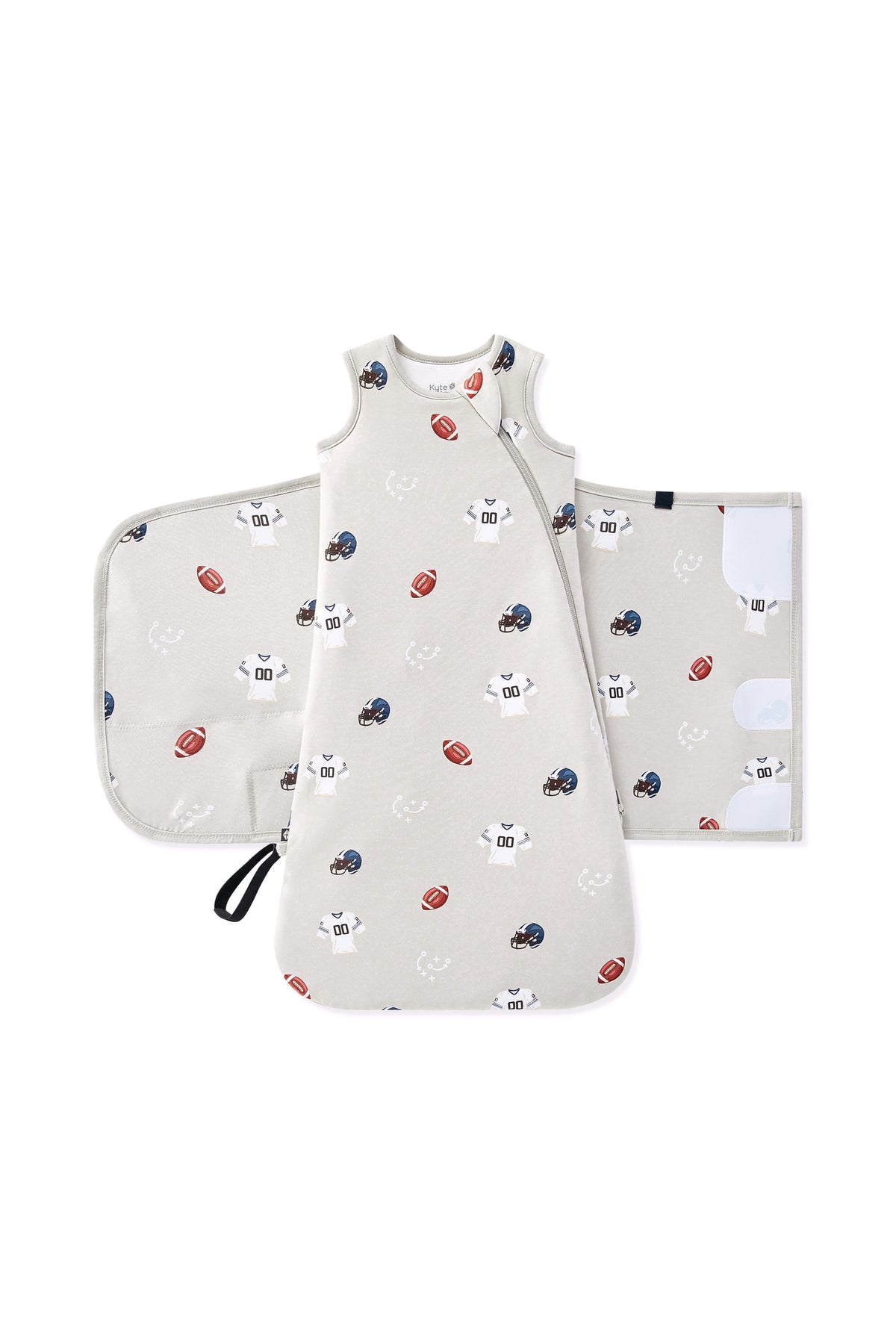 Sleep Bag Swaddler in Vintage Football 1.0 print shown unswaddled on a white background