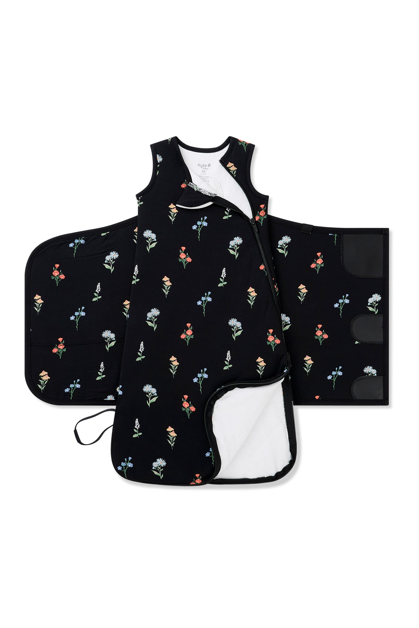 Double zipper shown on an unswaddled Black Sleep Bag Swaddler in Wildflower 1.0 print on a white background