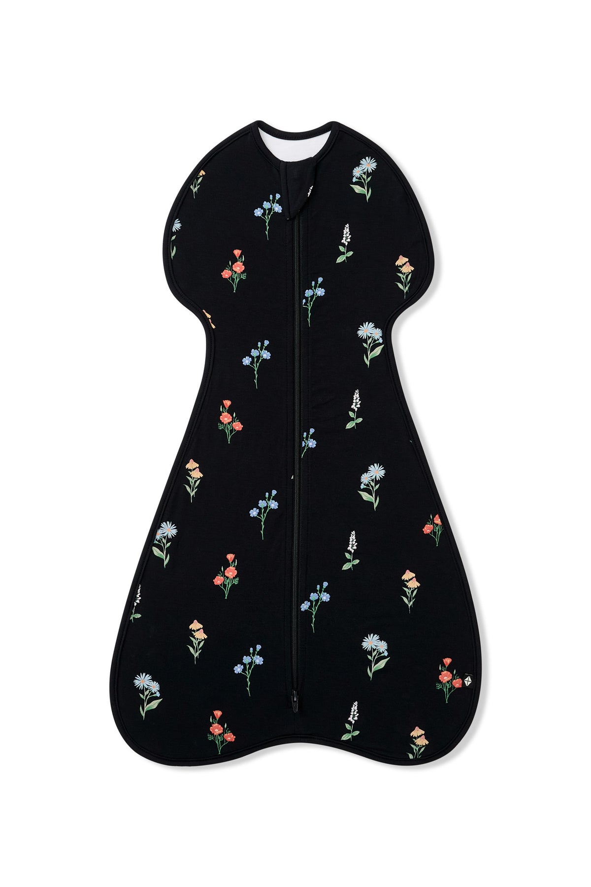 Black Swaddle Bag in Wildflower 0.5 print on a white background