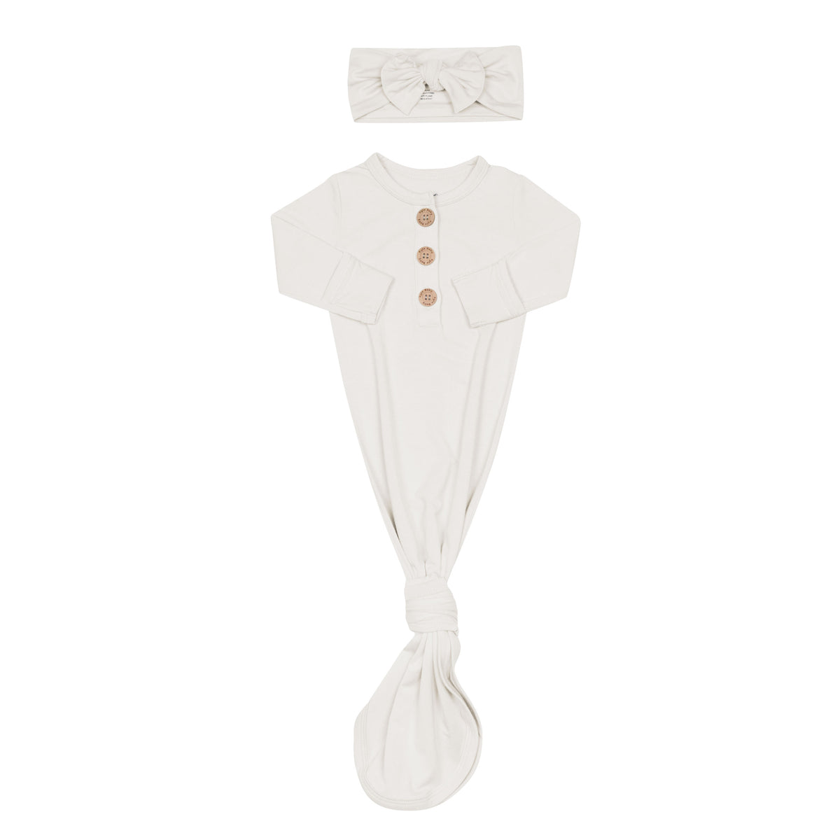 Knotted Gown with Bow Set in Oat showing foldable mittens for hospital newborn outfit