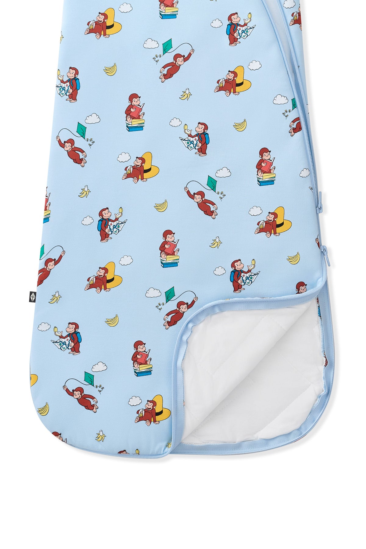 Blue Sleep Bag in Curious George 2.5 print with dual zipper on a white background