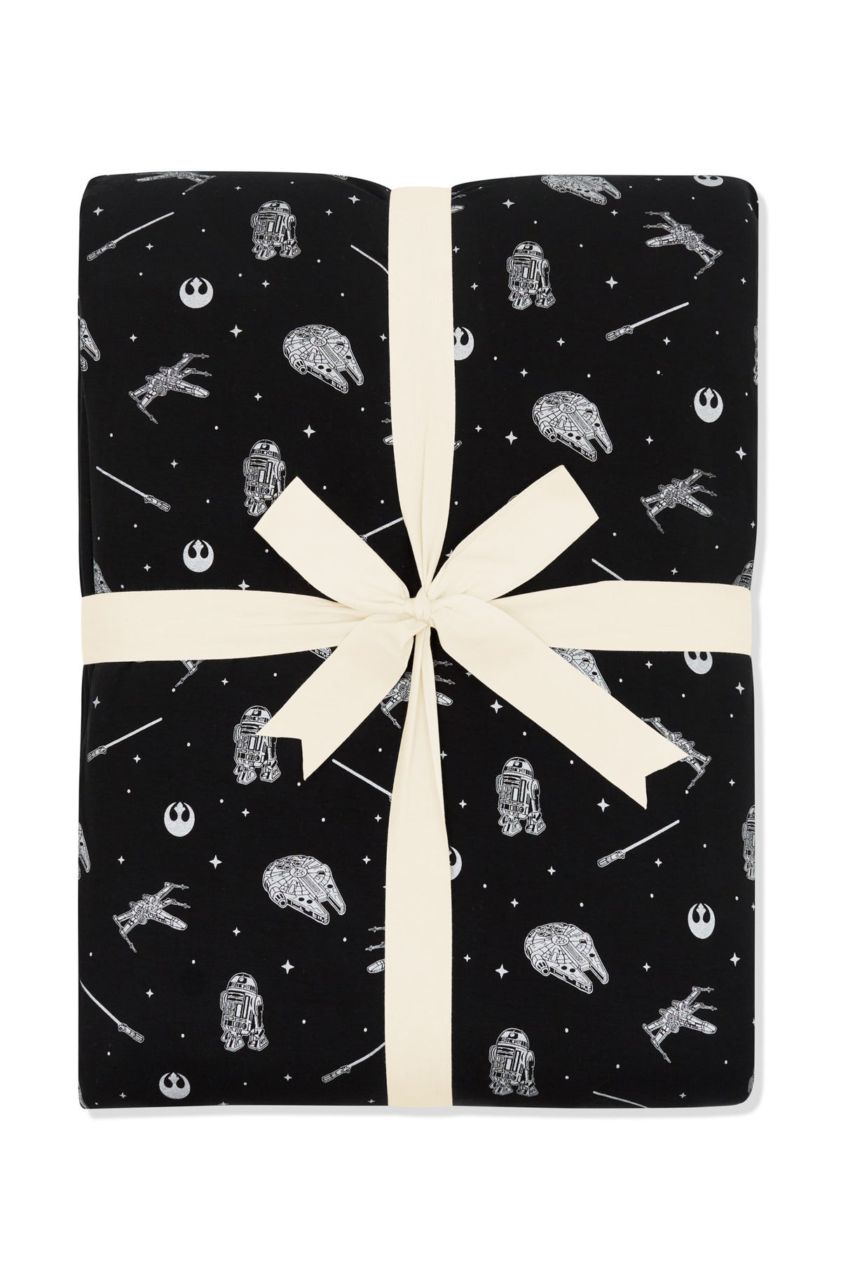 Black blanket with a star wars x kyte baby print featuring space ships