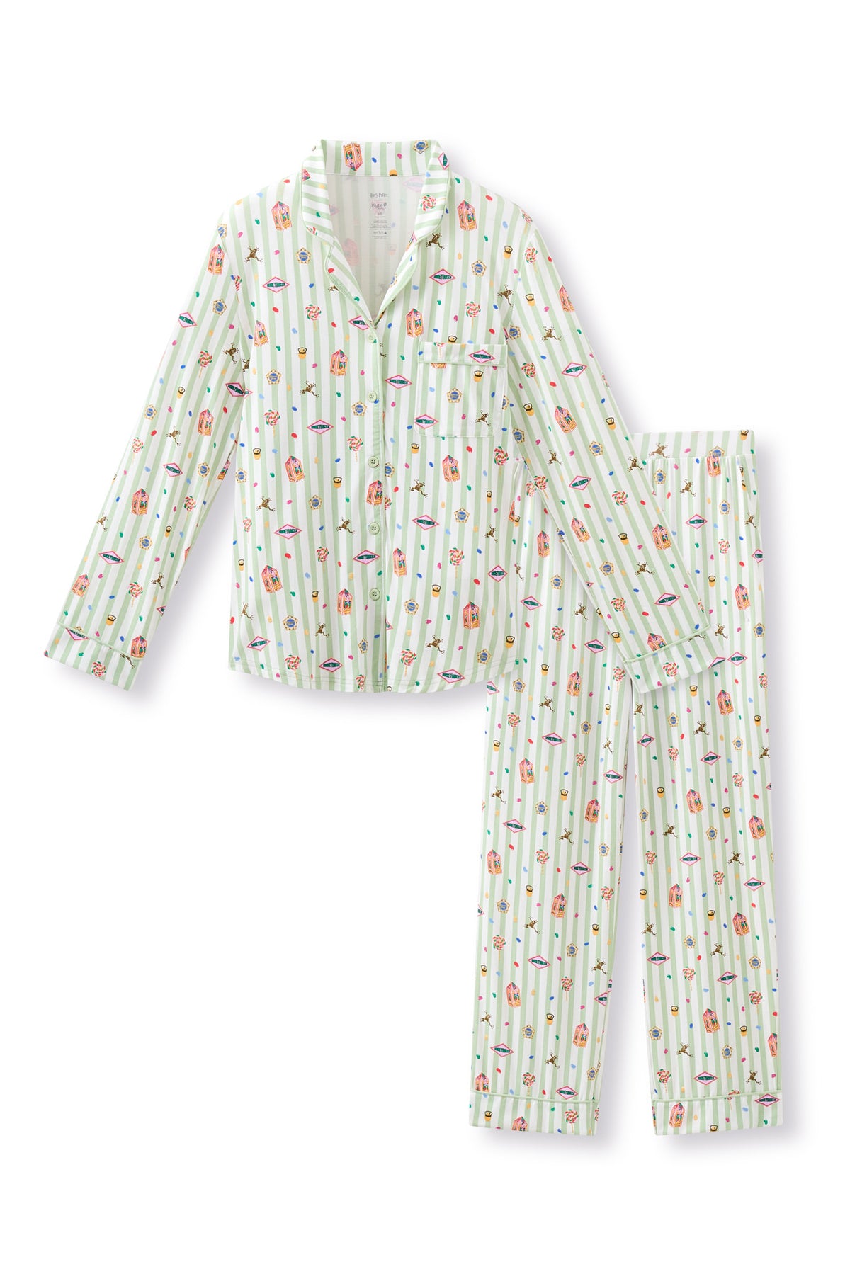 Green and white striped Long-Sleeved Women's Pajama Set with colorful Harry Potter pattern print on a white background