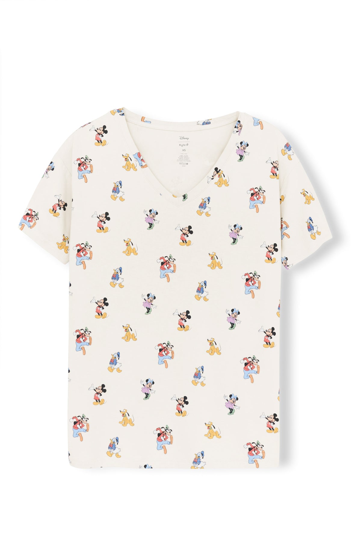 Women's Relaxed Fit V-Neck with Mickey Mouse and Friends print on an oat background