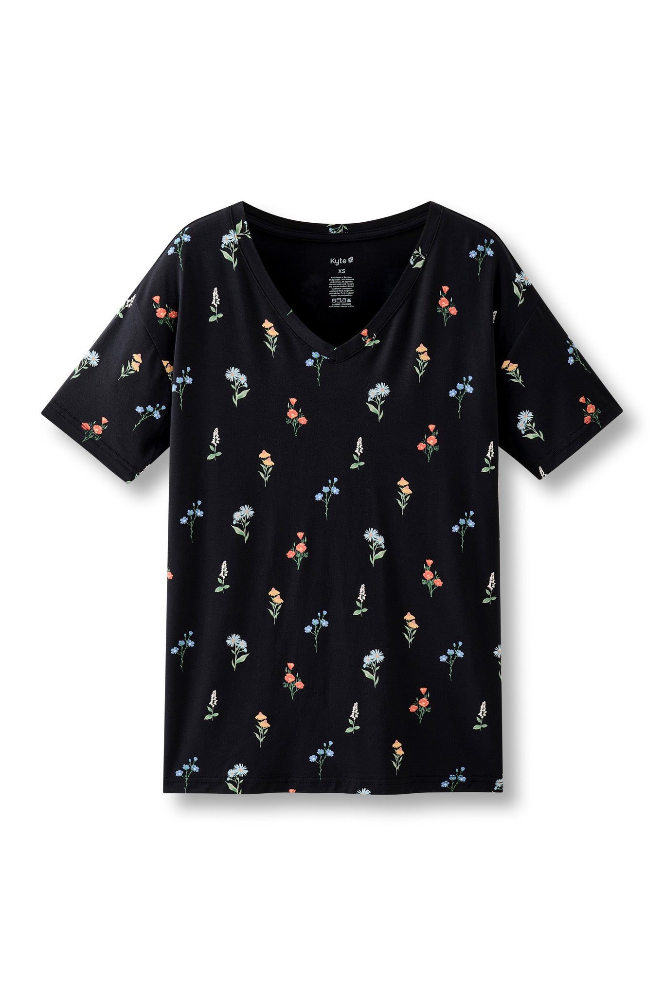 Black Women's Relaxed Fit V-Neck in Wildflower print on a white background