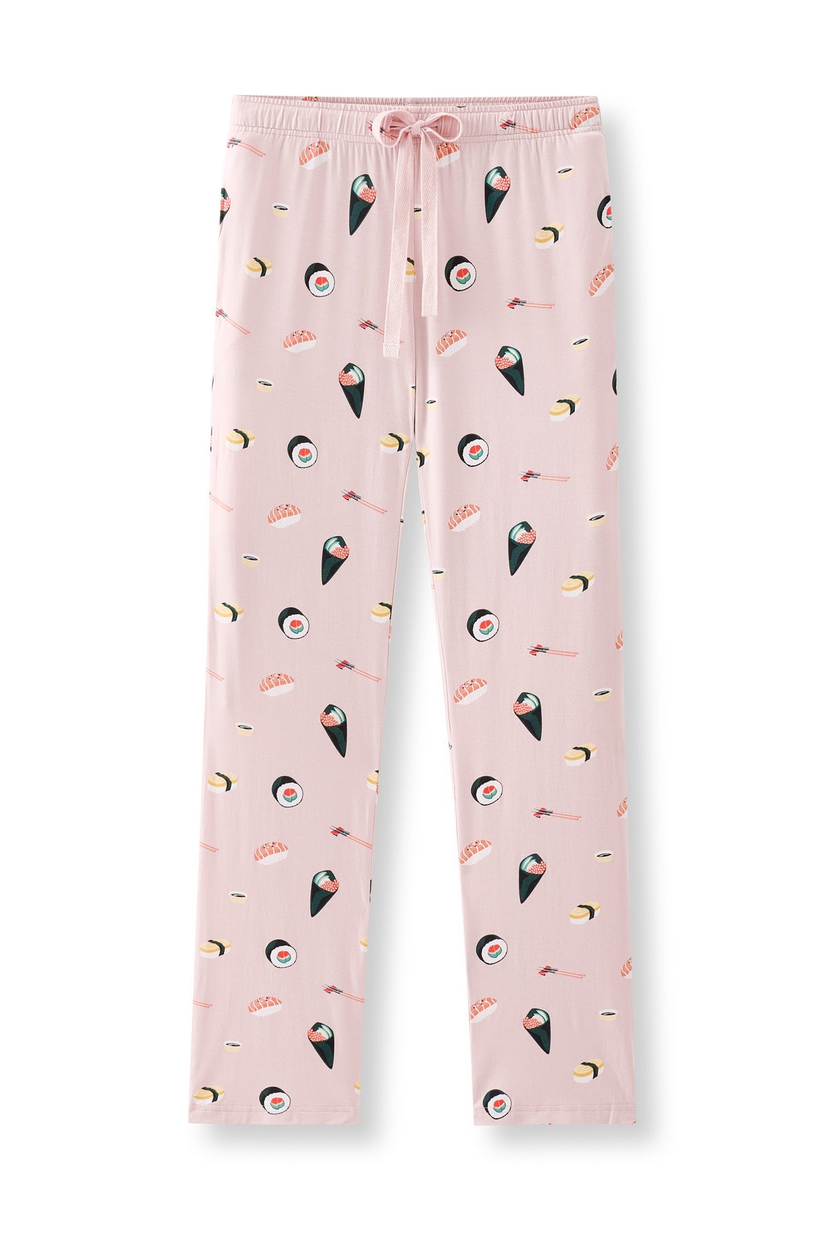 Pink Women's Lounge Pants with Sushi print on a white background