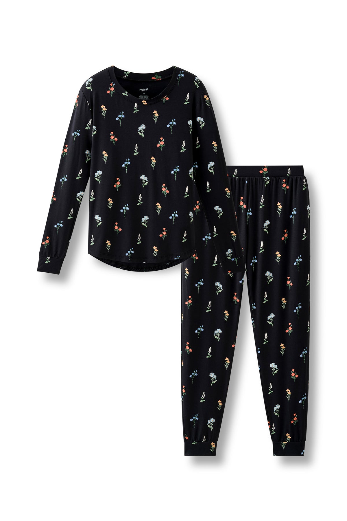 Black Women's Jogger Pajama Set in Wildflower print on a white background