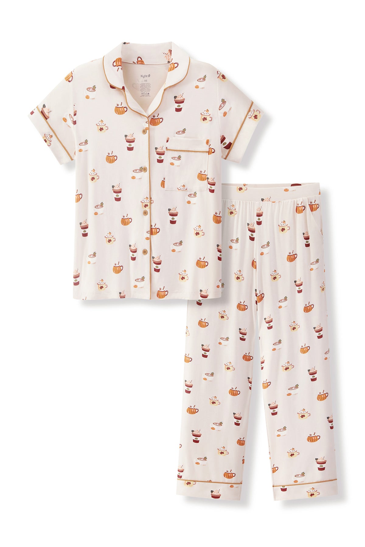 Women's Short Sleeve Cropped Pajama Set in Pumpkin Spice Latte print on a white background