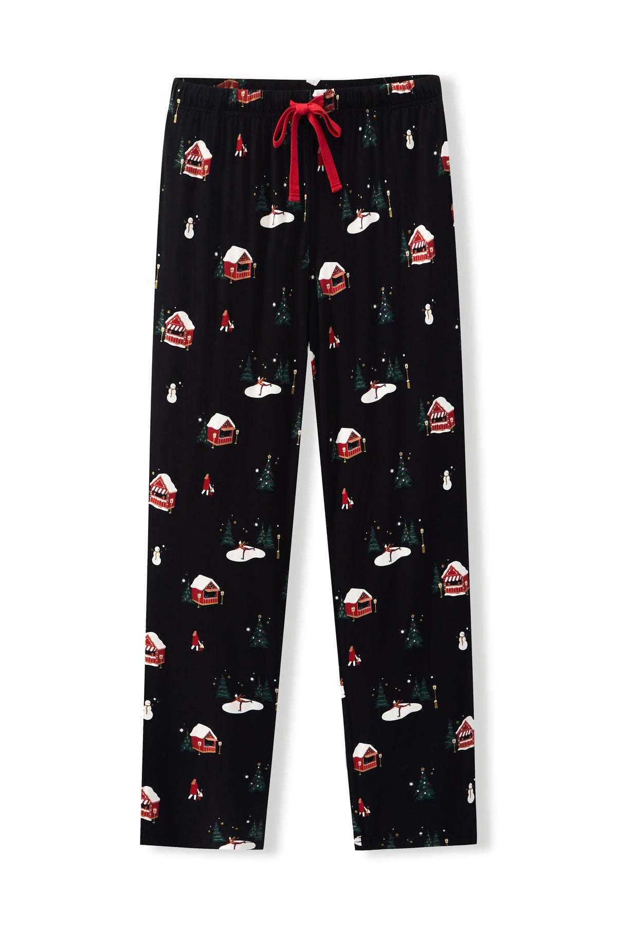 Black holiday-themed lounge pants with a red drawstring and an all-over print of snow-covered cabins, trees, and snowmen, shown flat against a white background.