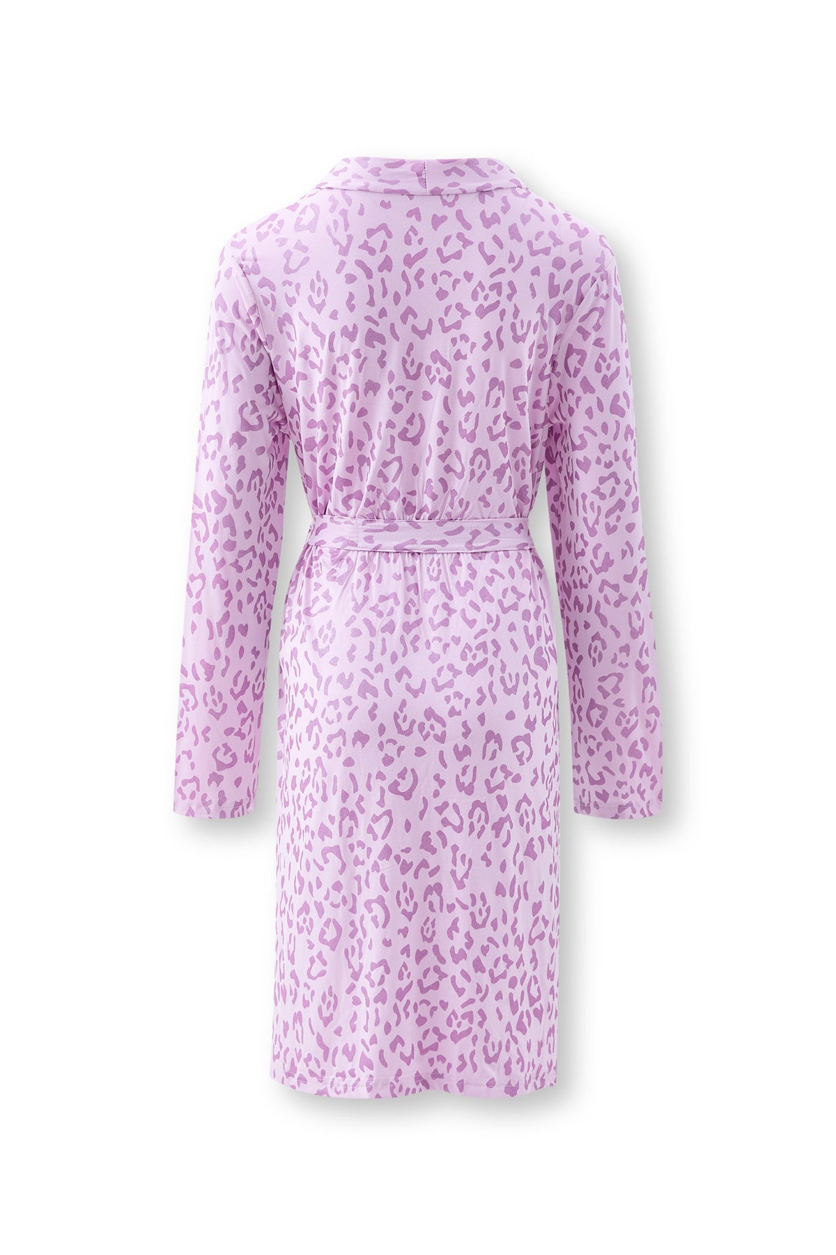 Back side ofbWomen's Lounge Robe in Thistle Leopard print on white background