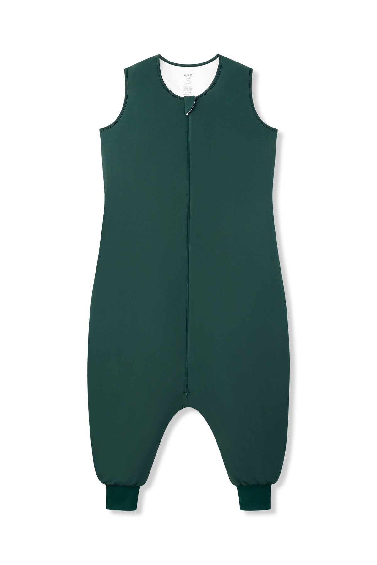 A dark green sleeveless sleeping adult jumpsuit with a front zipper, shown flat against a plain white background.