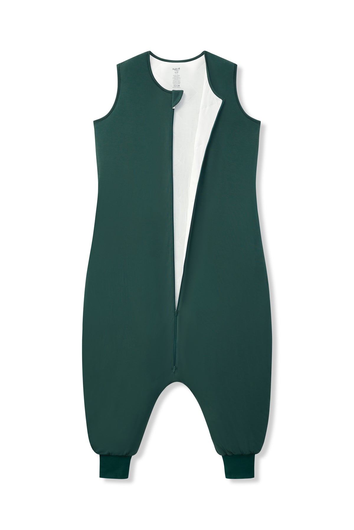 A dark green sleeveless jumpsuit with a front zipper and a contrasting white inner lining, shown flat on a white background.