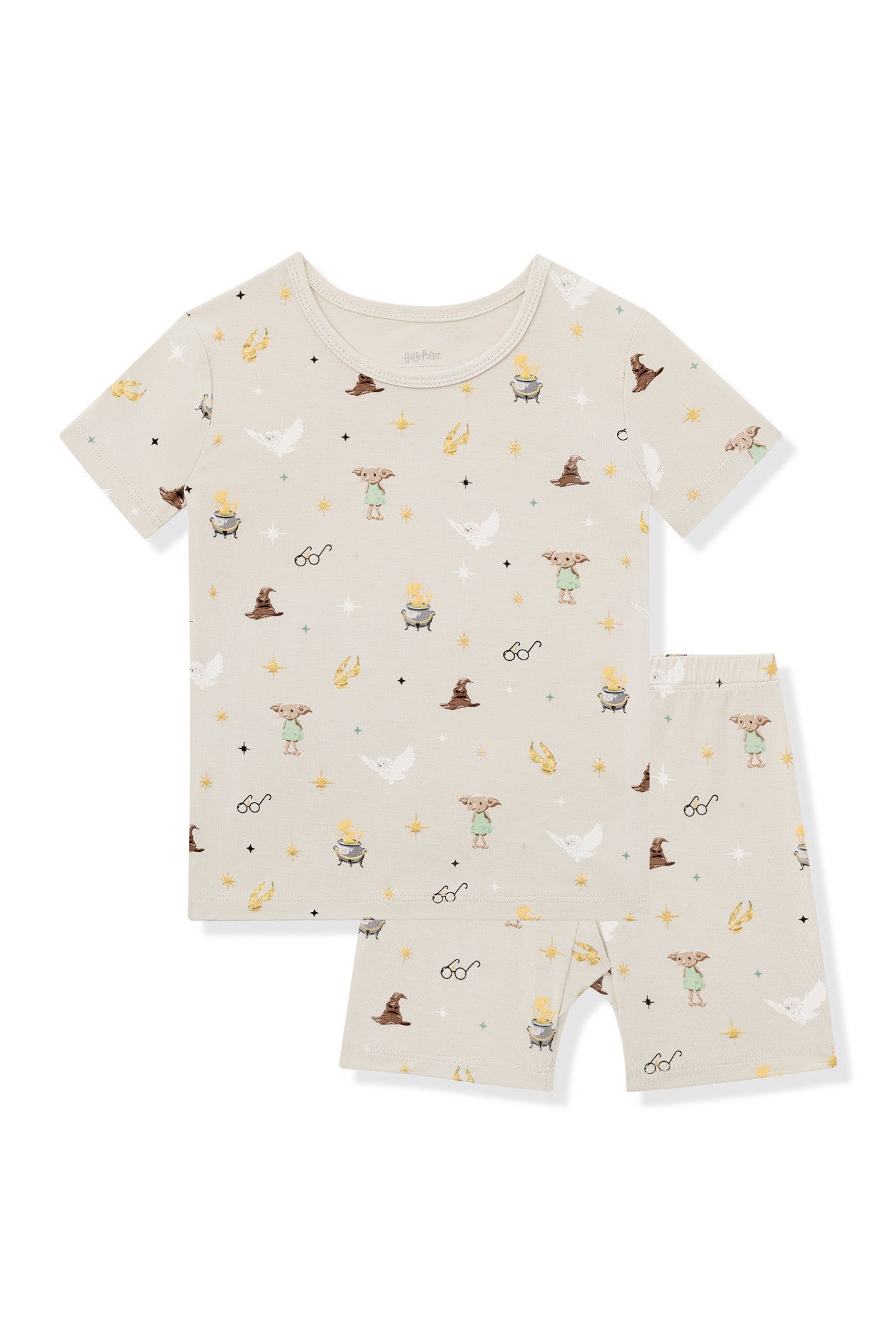 Beige Harry Potter patterned short sleeve pajamas on a white background