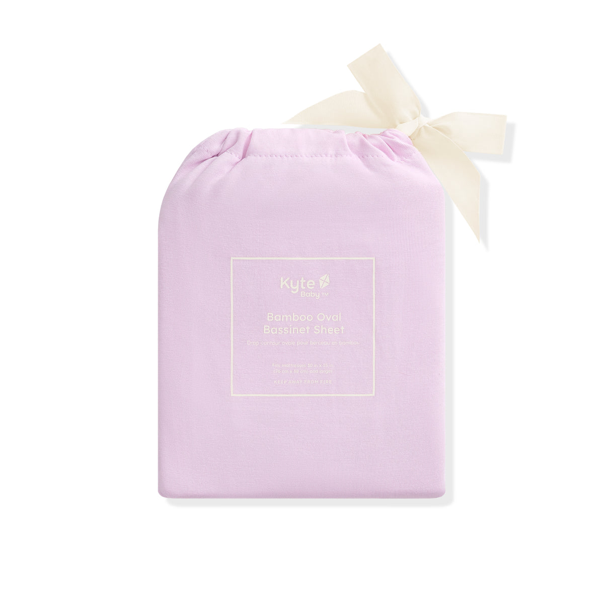 Purple drawstring bag with a white bow on a white background