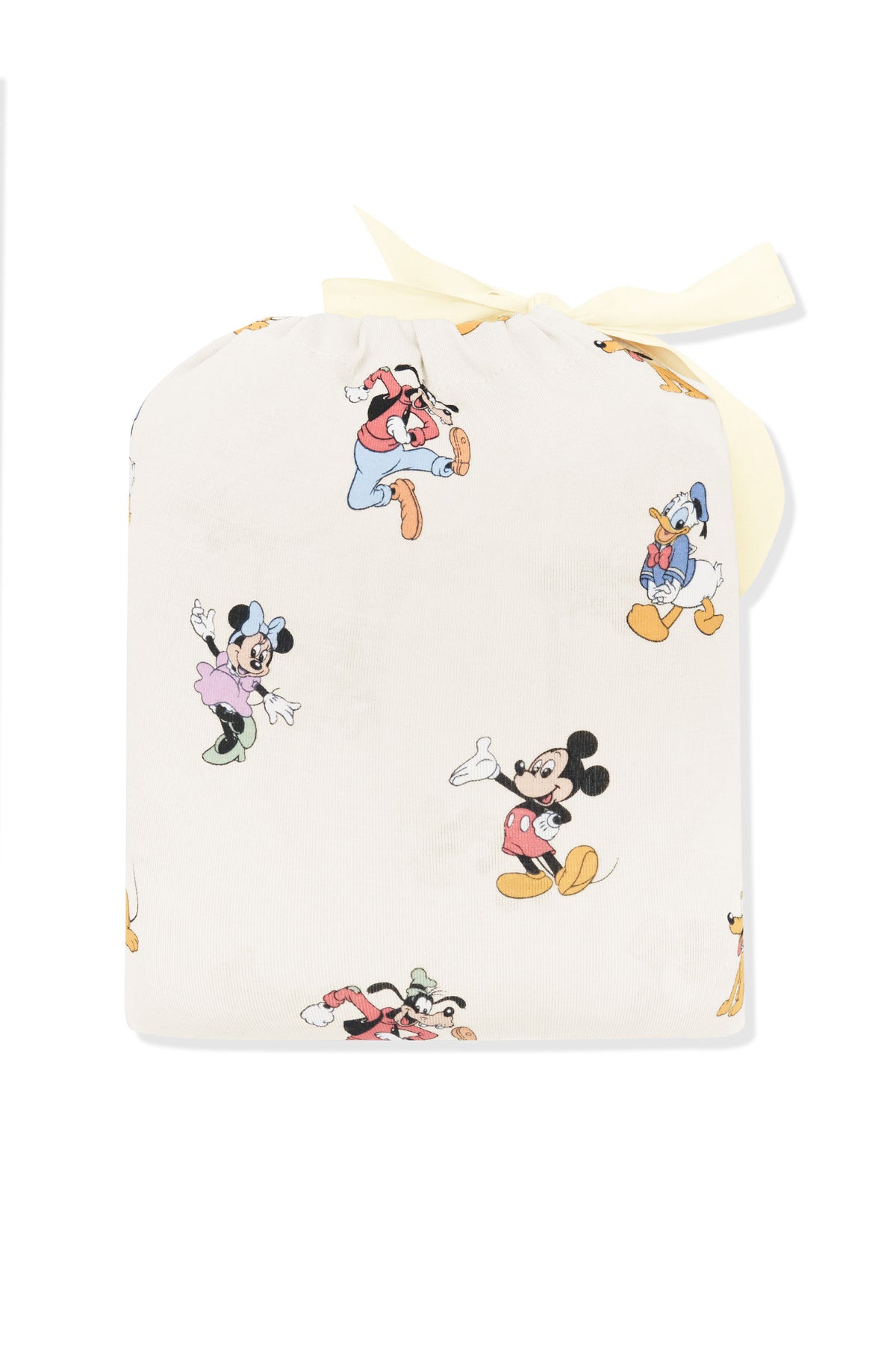 Crib sheet in mickey mouse and friends print shown in its packaging