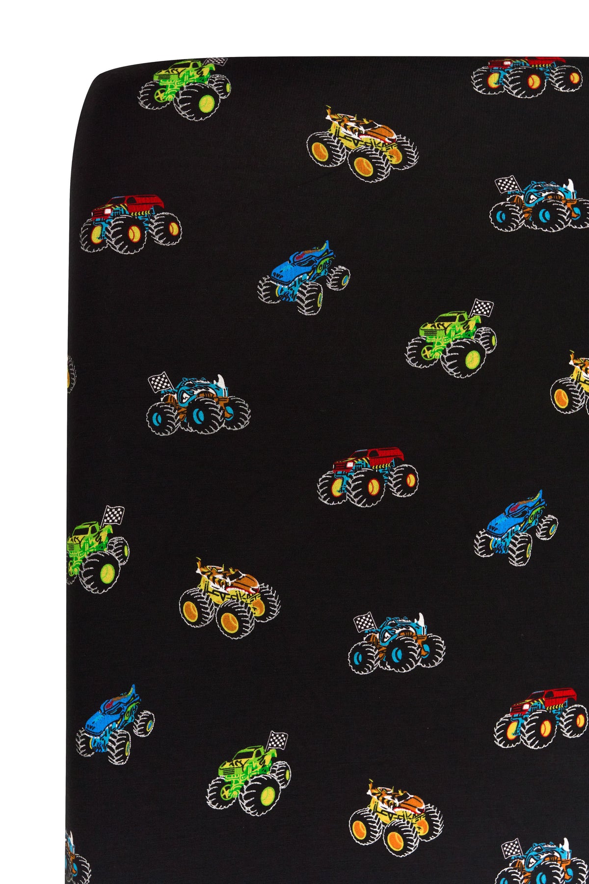 Close up of Crib Sheet with colorful Monster Truck print on white background