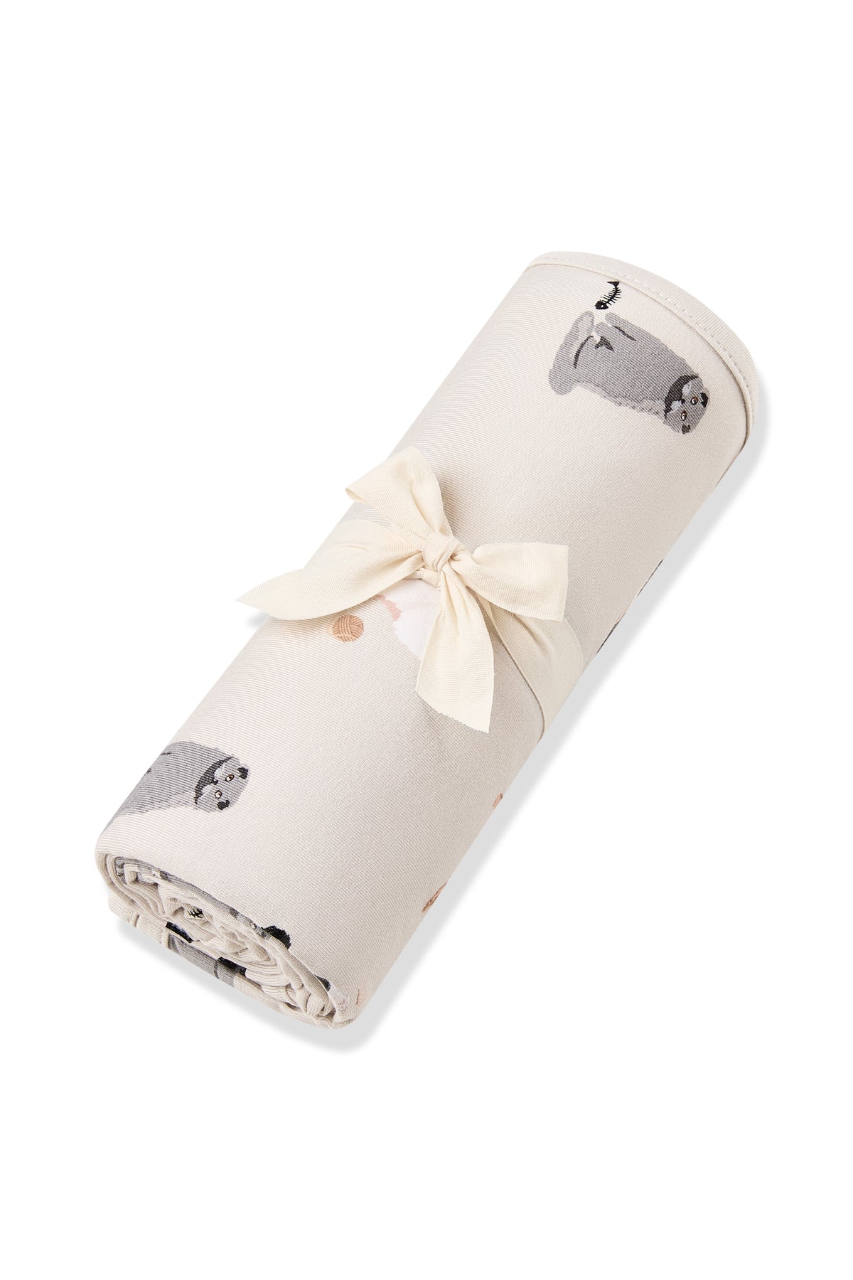 Swaddle Blanket in Fluffy Cat rolled in its packaging tied with a linen bow