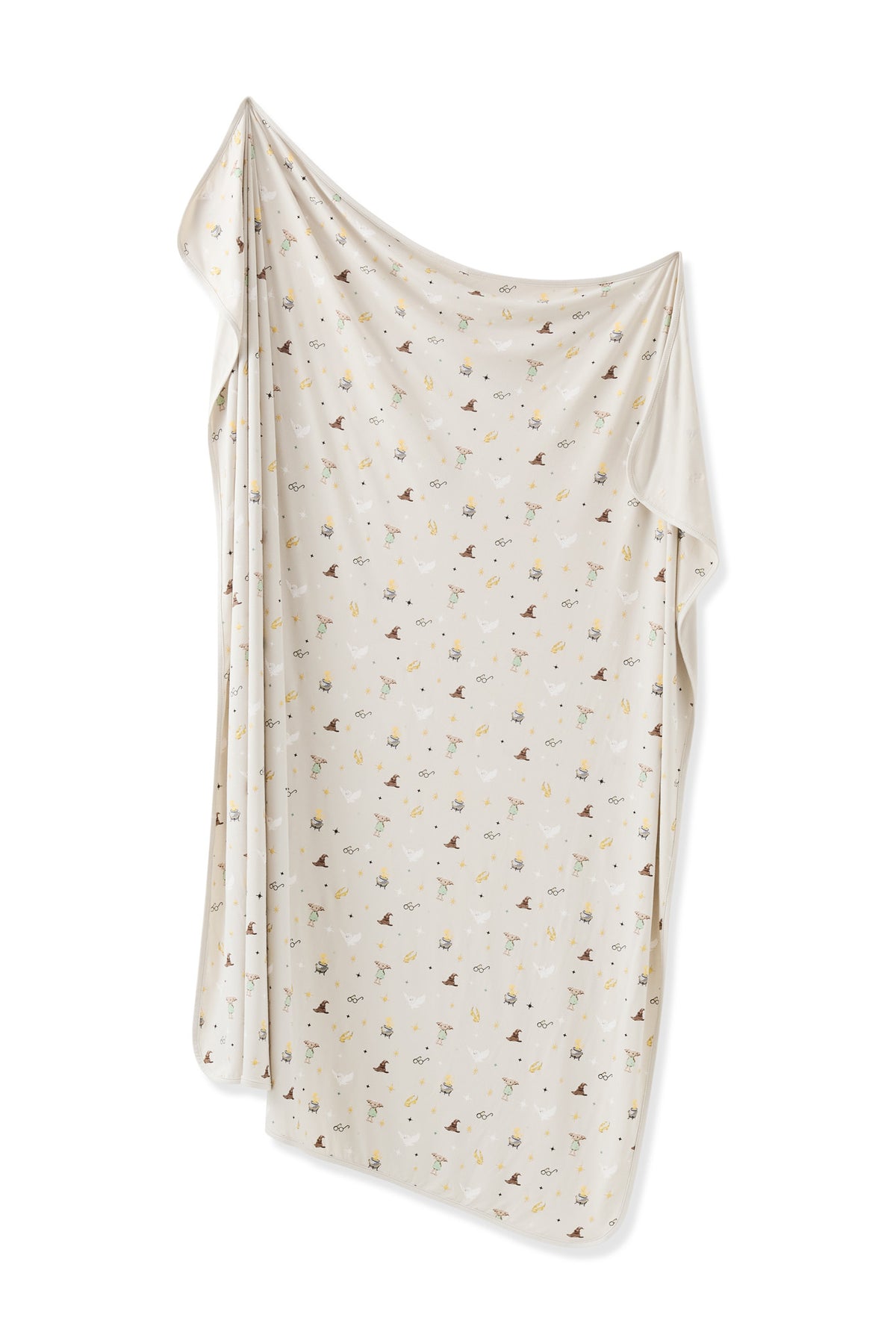 Beige swaddle blanket with Harry Potter prints on a white background.