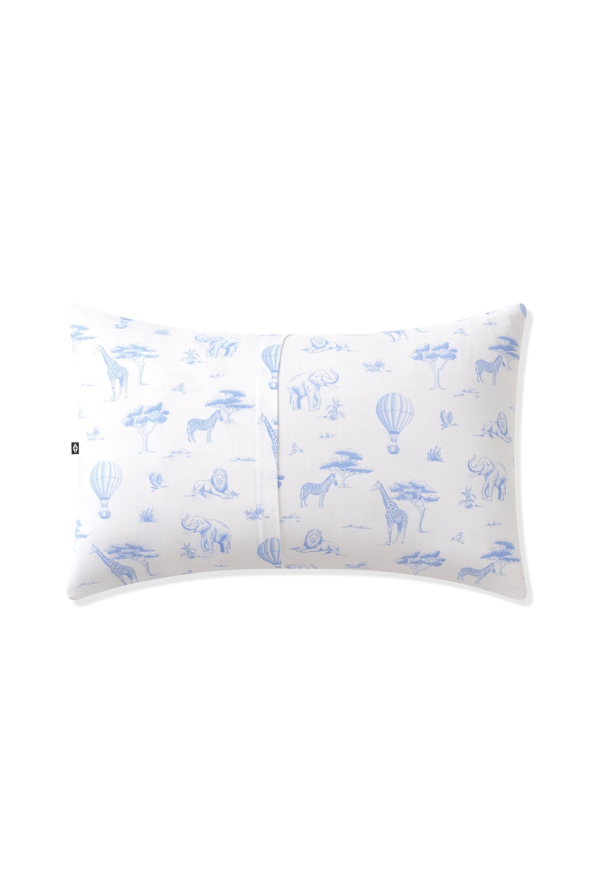 Back of the Standard Pillowcase in Toile Safari on a pillow showing the envelope closure