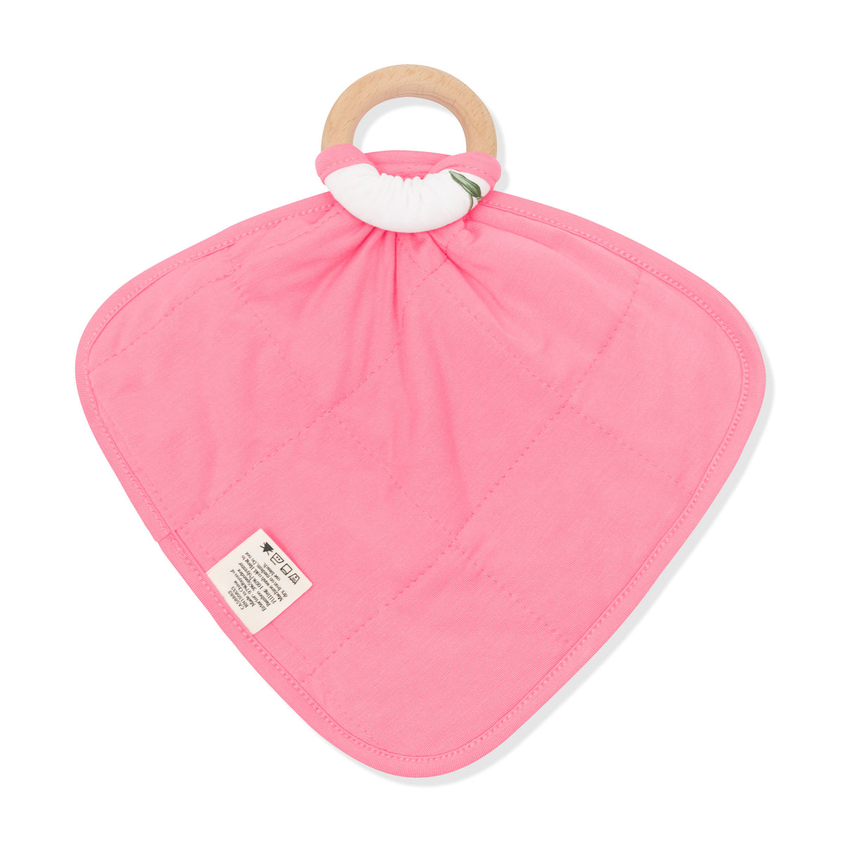 The back of the Lovey in Tulip with Removable Wooden Teething Ring showing the quilted pink backing