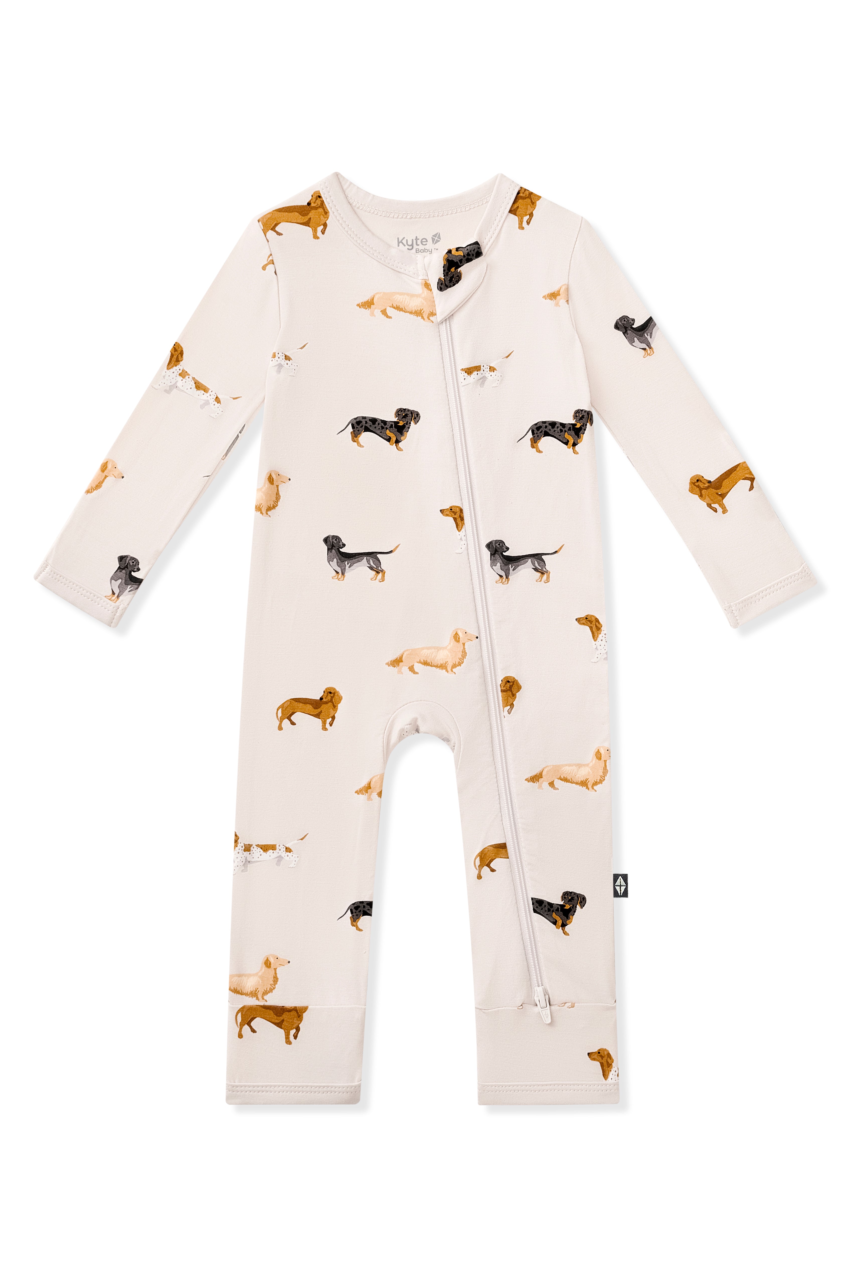 Beige Zippered Romper in Dachshund print on a white background