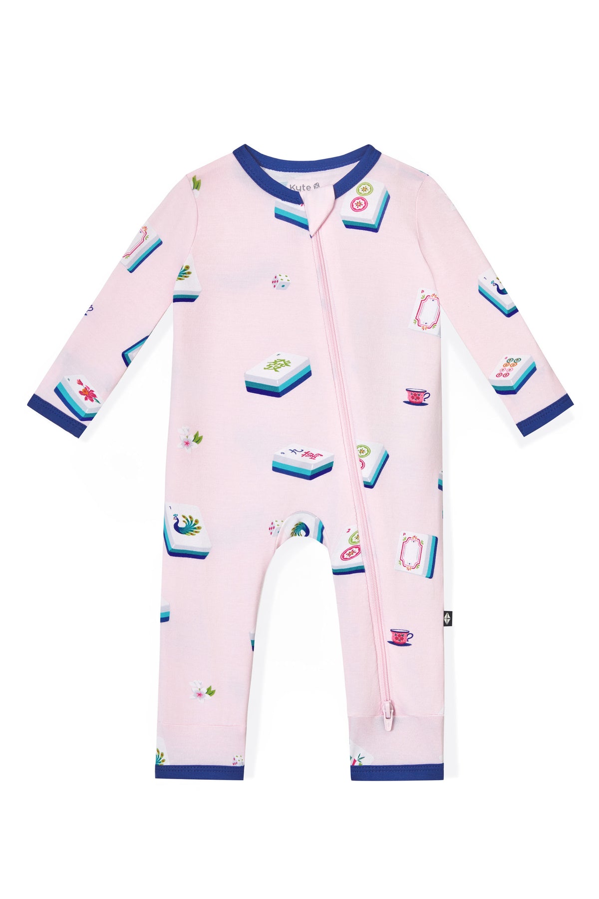 Pink Zippered Romper with Mahjong pattern on a white background