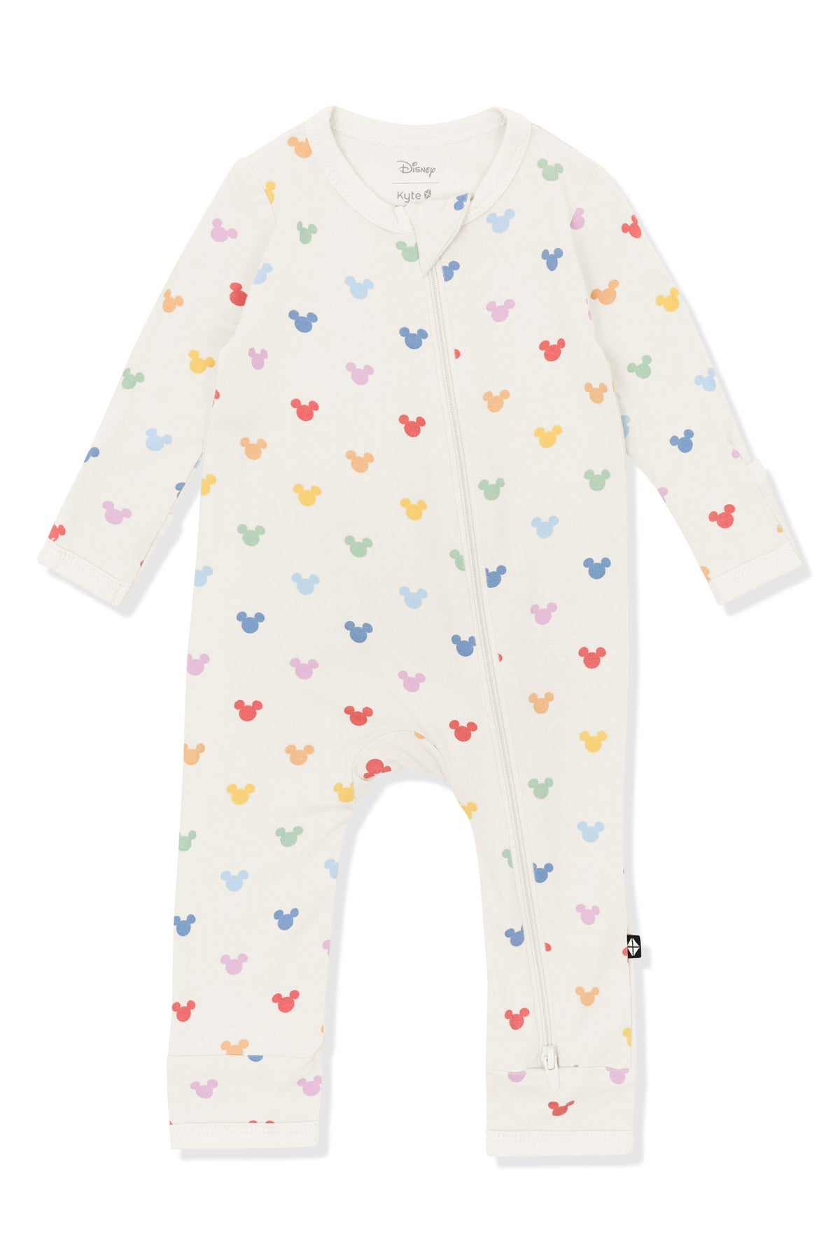 Baby Zippered Romper with Pastel Mickey Mouse pattern on an oat background
