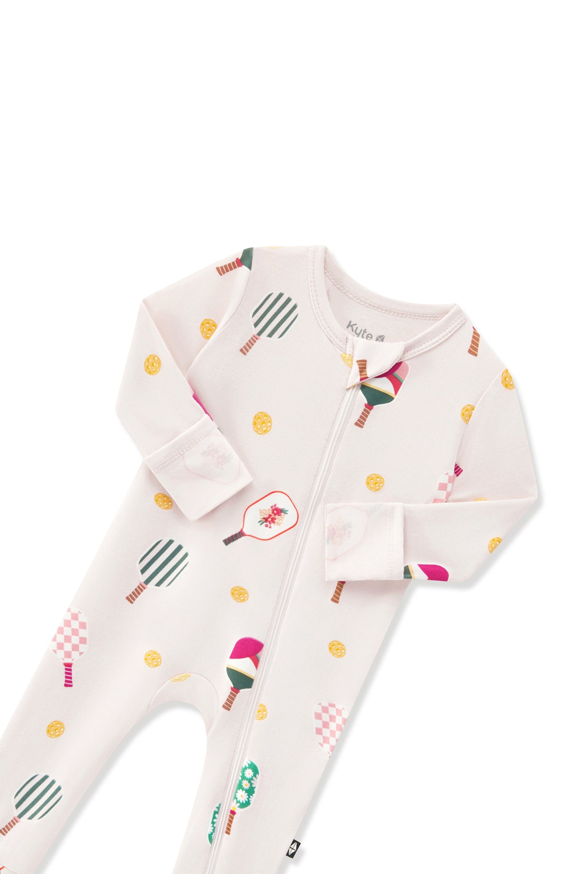 Zippered Romper in Pickleball print with zipper garage on a white background